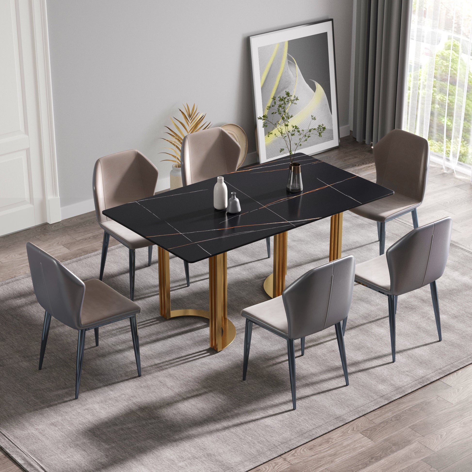 63"Modern Artificial Stone Black Straight Edge Golden Metal Leg Dining Table 6 People Black Metal Sintered Stone