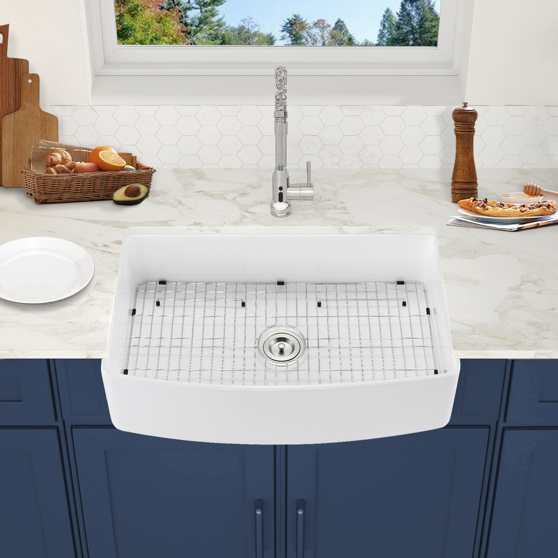 Fireclay 33" L X 20" W Farmhouse Arch Edge Apron Front Single Bowl Kitchen Sink White Fireclay