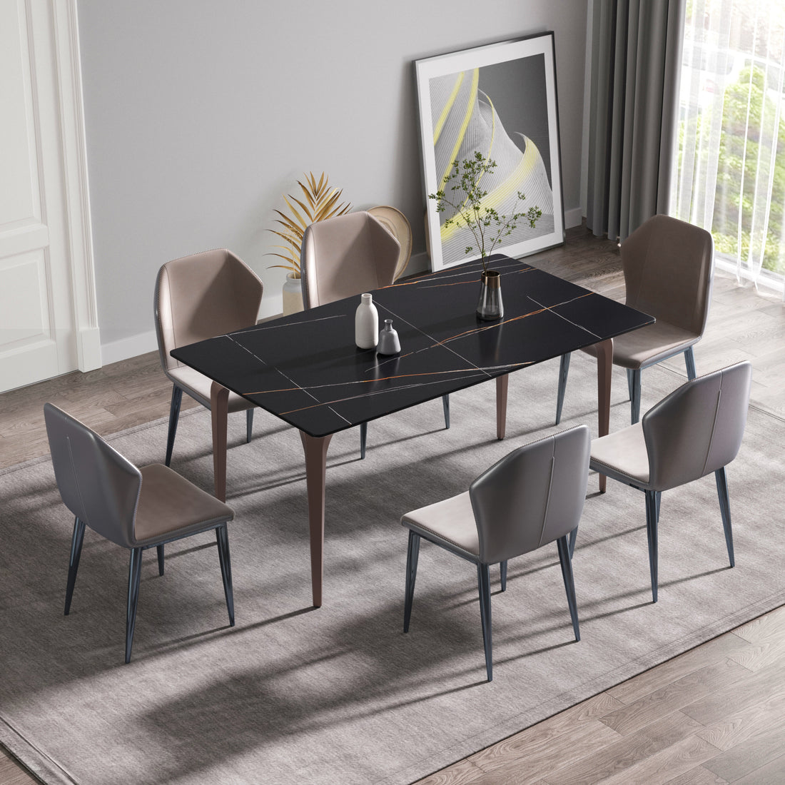 63"Modern Artificial Stone Black Straight Edge Metal Leg Dining Table 6 People Black Metal Sintered Stone