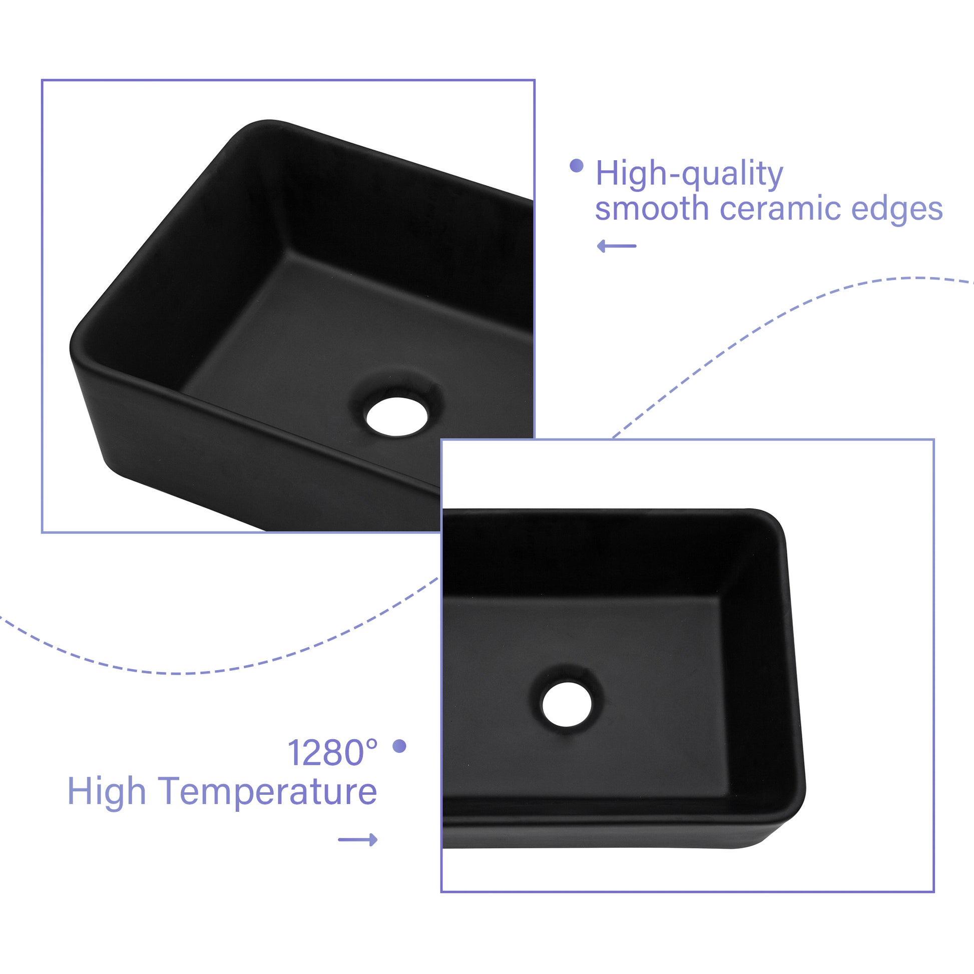 16"X12" Black Ceramic Rectangular Vessel Bathroom Sink Matte Black Ceramic