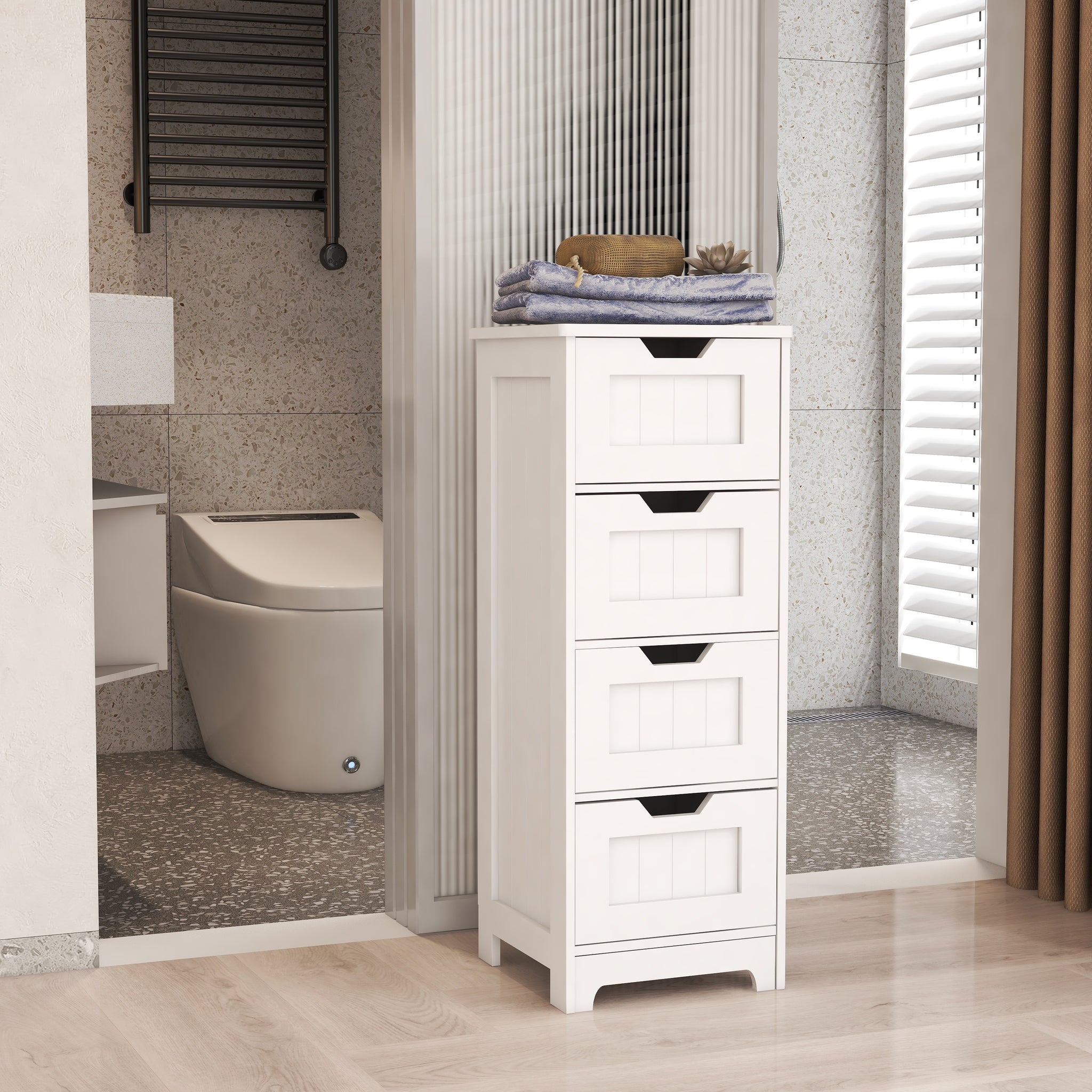 White Freestanding Storage Cabinet With 4 Drawers, Suitable For Bathroom, Living Room, Kitchen White Mdf