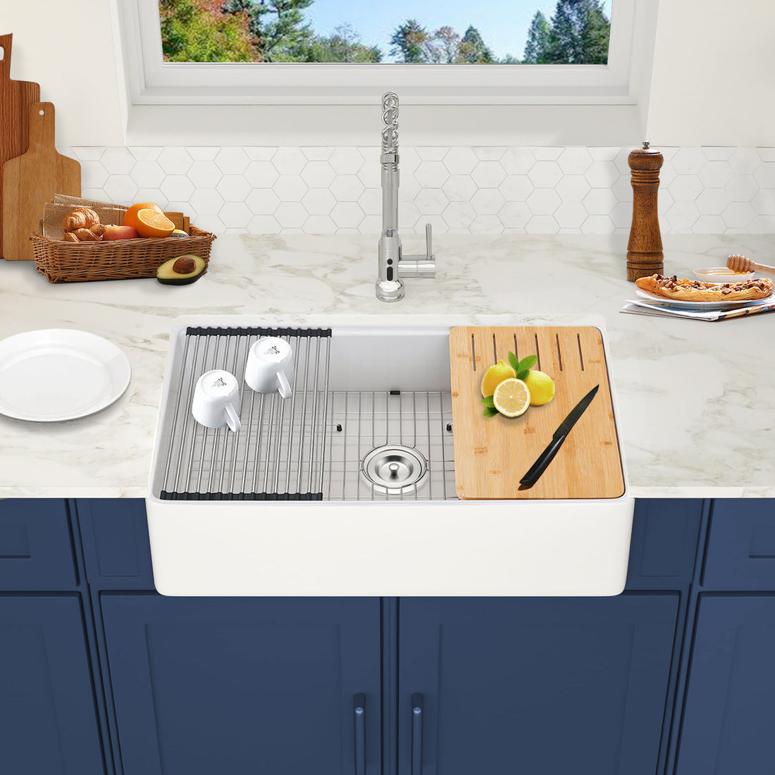 Fireclay 33" L X 20" W Workstation Farmhouse Kitchen Sink With Accessories White Fireclay