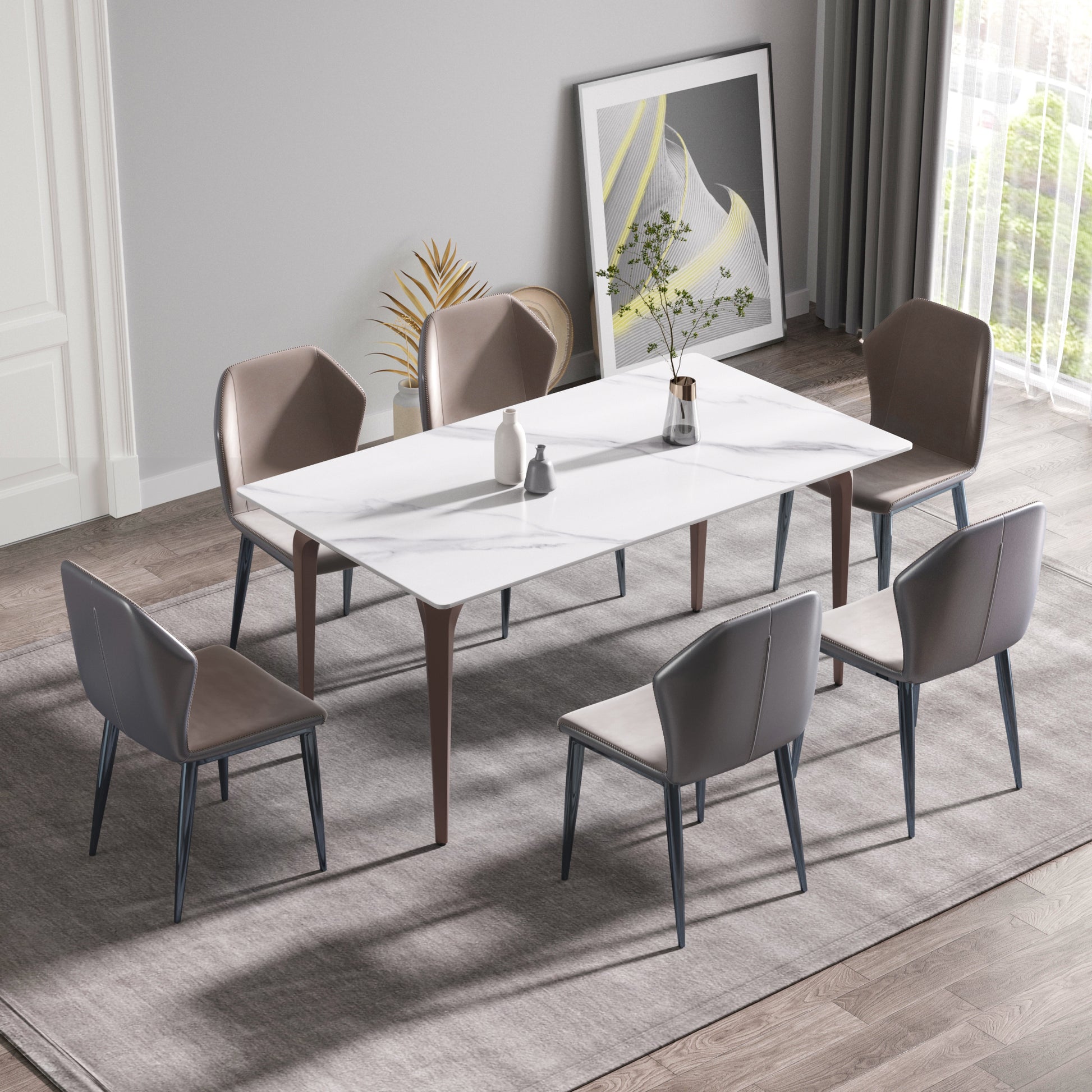 63"Modern Artificial Stone White Straight Edge Metal Leg Dining Table 6 People White Metal Sintered Stone