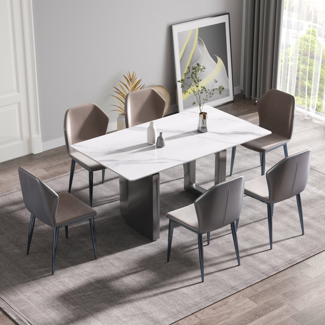 63"Modern Artificial Stone White Straight Edge Black Metal Leg Dining Table 6 People White Metal Sintered Stone