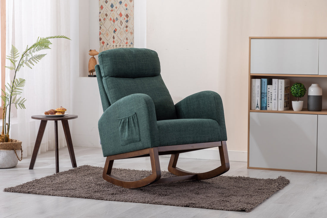 Coolmore Rocking Chair, Modern Glider Chair, Recliner Armchair With Wood Legs And Side Pocket, Nursery Rocking Accent Chair With High Back For Living Room Bedroom Emerald Linen Emerald Foam Solid Wood