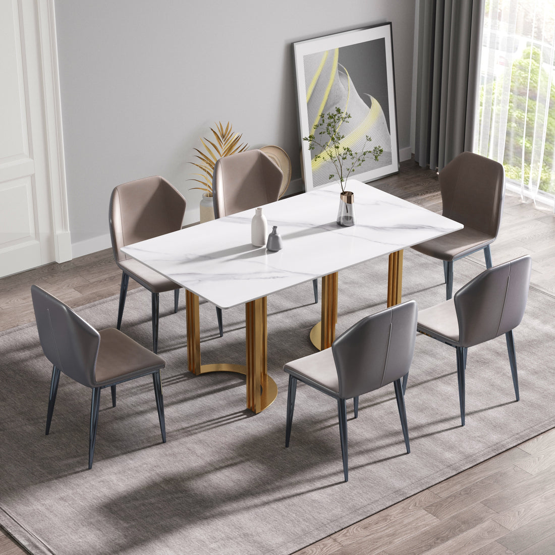 63"Modern Artificial Stone White Straight Edge Golden Metal Leg Dining Table 6 People White Metal Sintered Stone