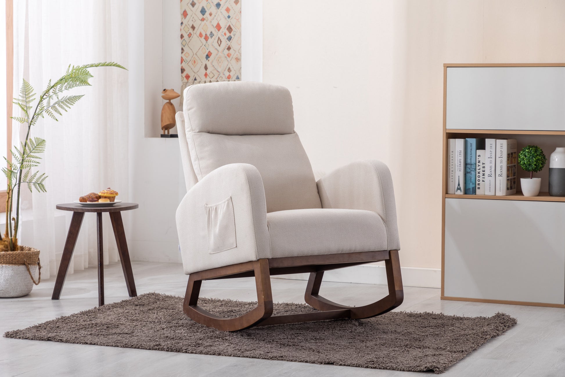 Coolmore Rocking Chair, Modern Glider Chair, Recliner Armchair With Wood Legs And Side Pocket, Nursery Rocking Accent Chair With High Back For Living Room Bedroom Beige Linen Beige Foam Solid Wood