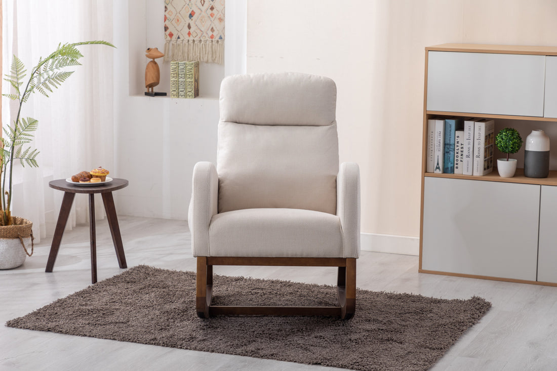 Coolmore Rocking Chair, Modern Glider Chair, Recliner Armchair With Wood Legs And Side Pocket, Nursery Rocking Accent Chair With High Back For Living Room Bedroom Beige Linen Beige Foam Solid Wood