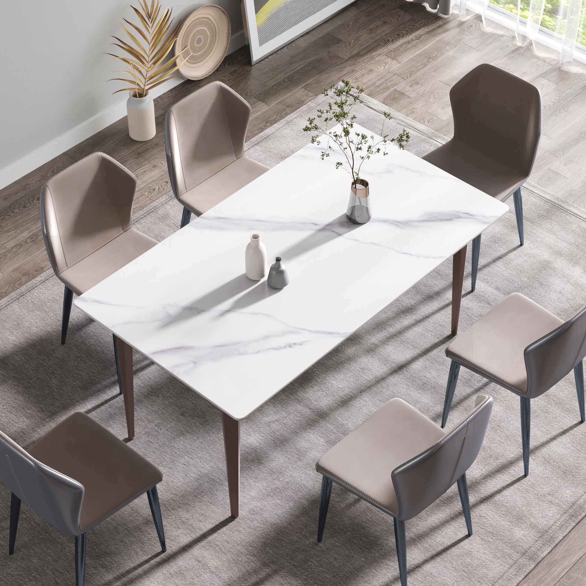 63"Modern Artificial Stone White Straight Edge Metal Leg Dining Table 6 People White Metal Sintered Stone