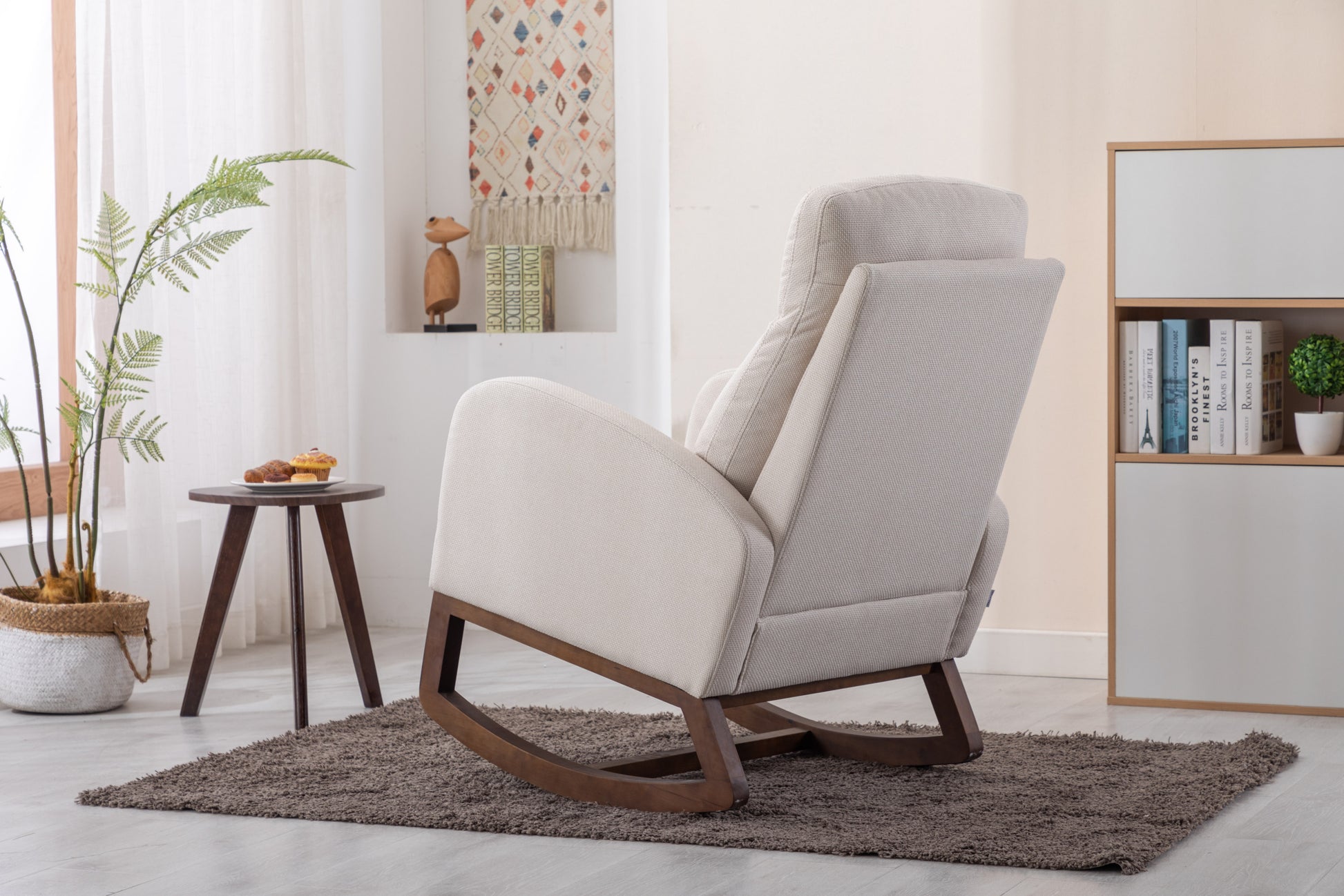 Coolmore Rocking Chair, Modern Glider Chair, Recliner Armchair With Wood Legs And Side Pocket, Nursery Rocking Accent Chair With High Back For Living Room Bedroom Beige Linen Beige Foam Solid Wood