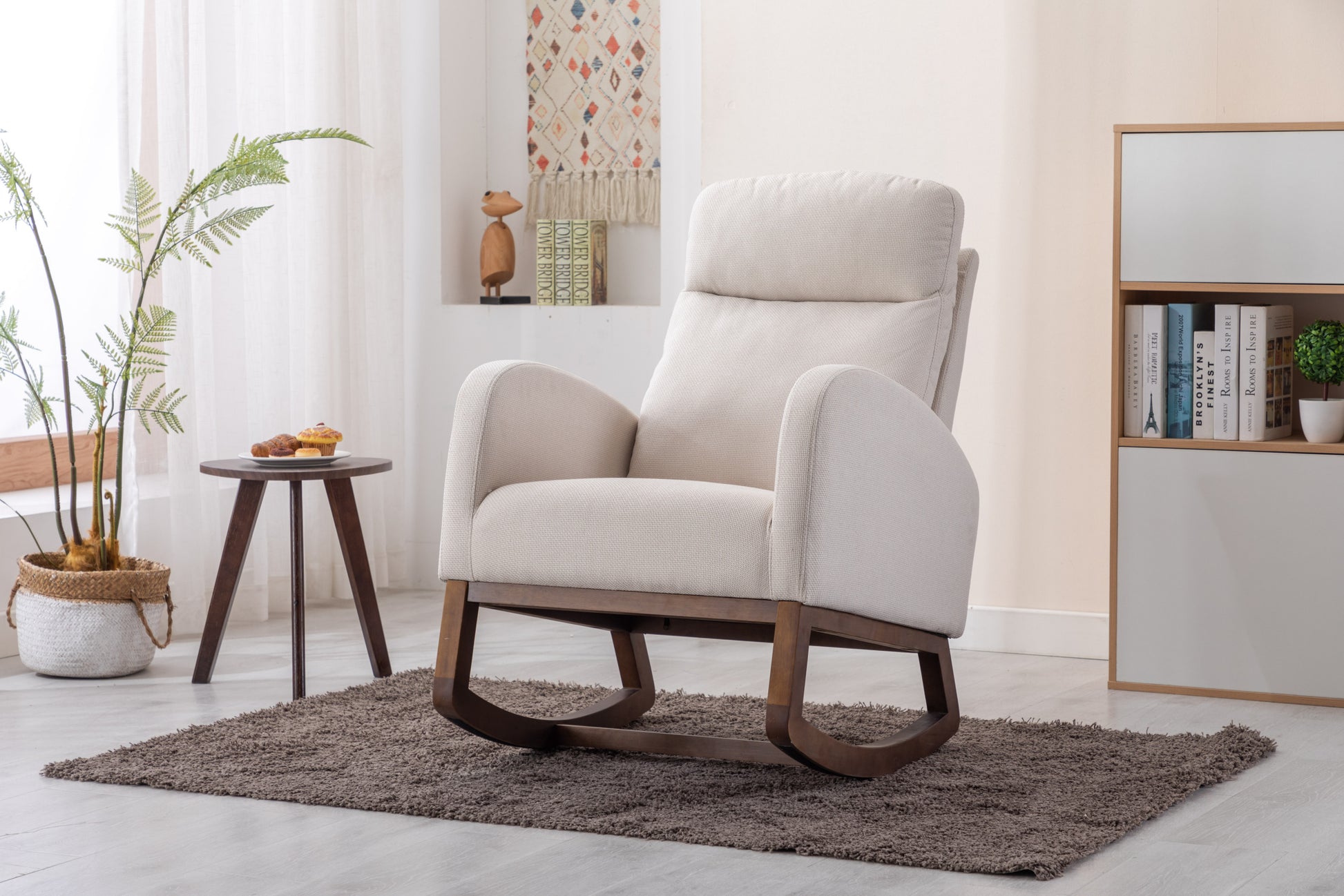 Coolmore Rocking Chair, Modern Glider Chair, Recliner Armchair With Wood Legs And Side Pocket, Nursery Rocking Accent Chair With High Back For Living Room Bedroom Beige Linen Beige Foam Solid Wood