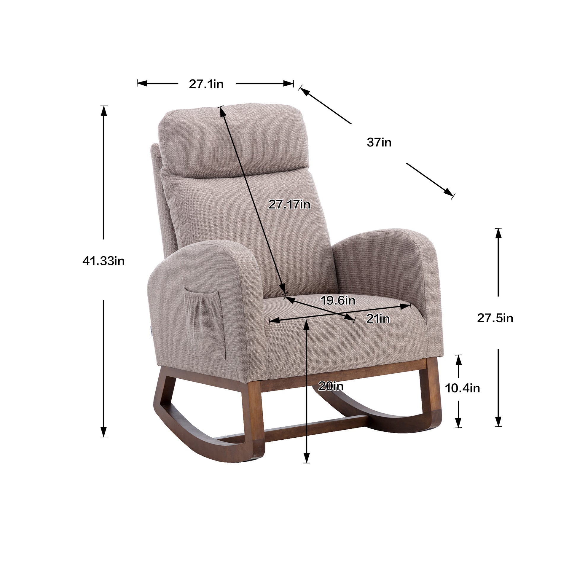 Coolmore Rocking Chair, Modern Glider Chair, Recliner Armchair With Wood Legs And Side Pocket, Nursery Rocking Accent Chair With High Back For Living Room Bedroom Grey Linen Grey Foam Solid Wood