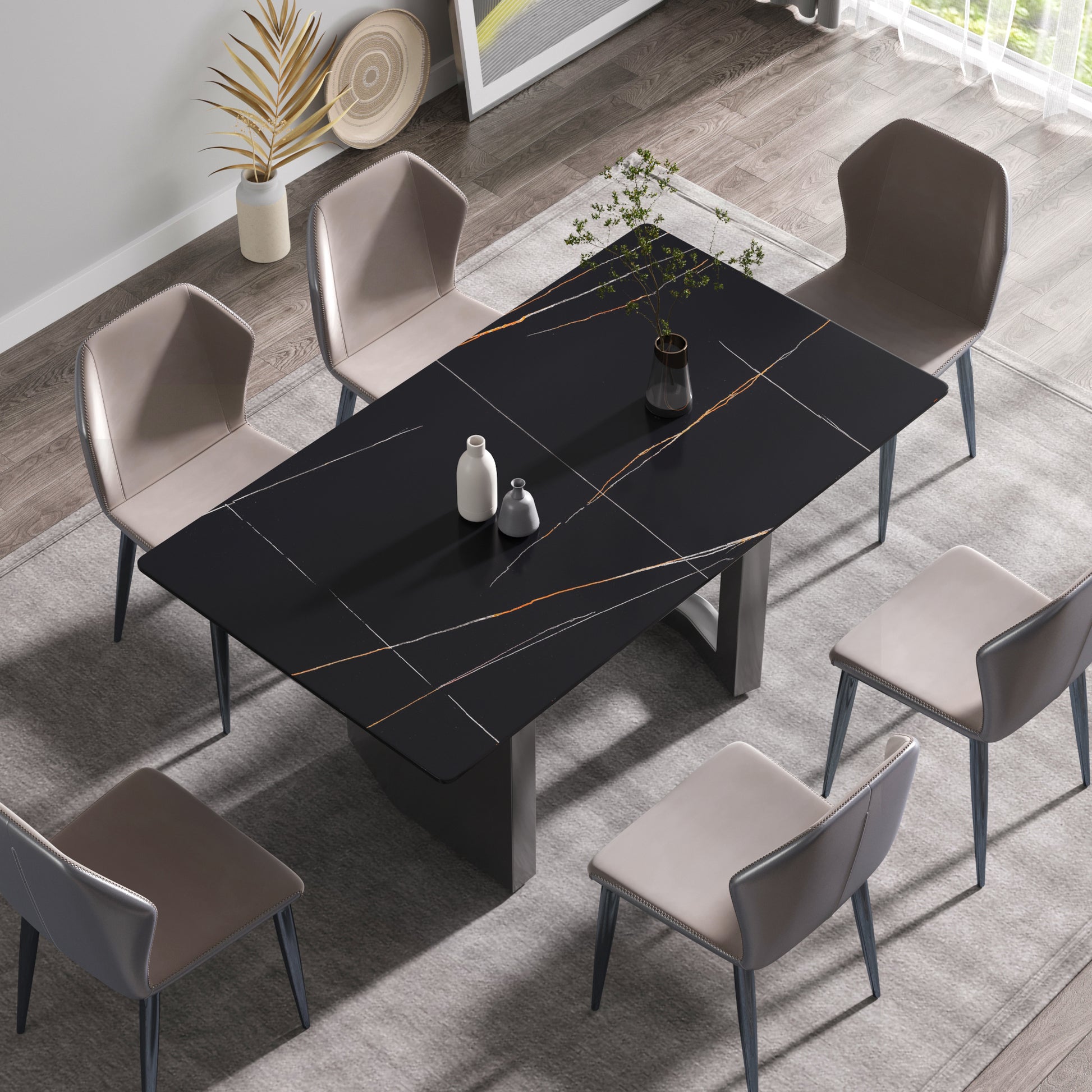63"Modern Artificial Stone Black Straight Edge Black Metal Leg Dining Table 6 People Black Metal Sintered Stone