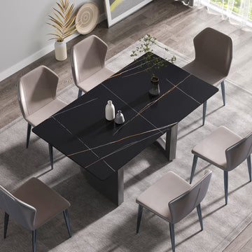 63"Modern Artificial Stone Black Straight Edge Black Metal Leg Dining Table 6 People Black Metal Sintered Stone