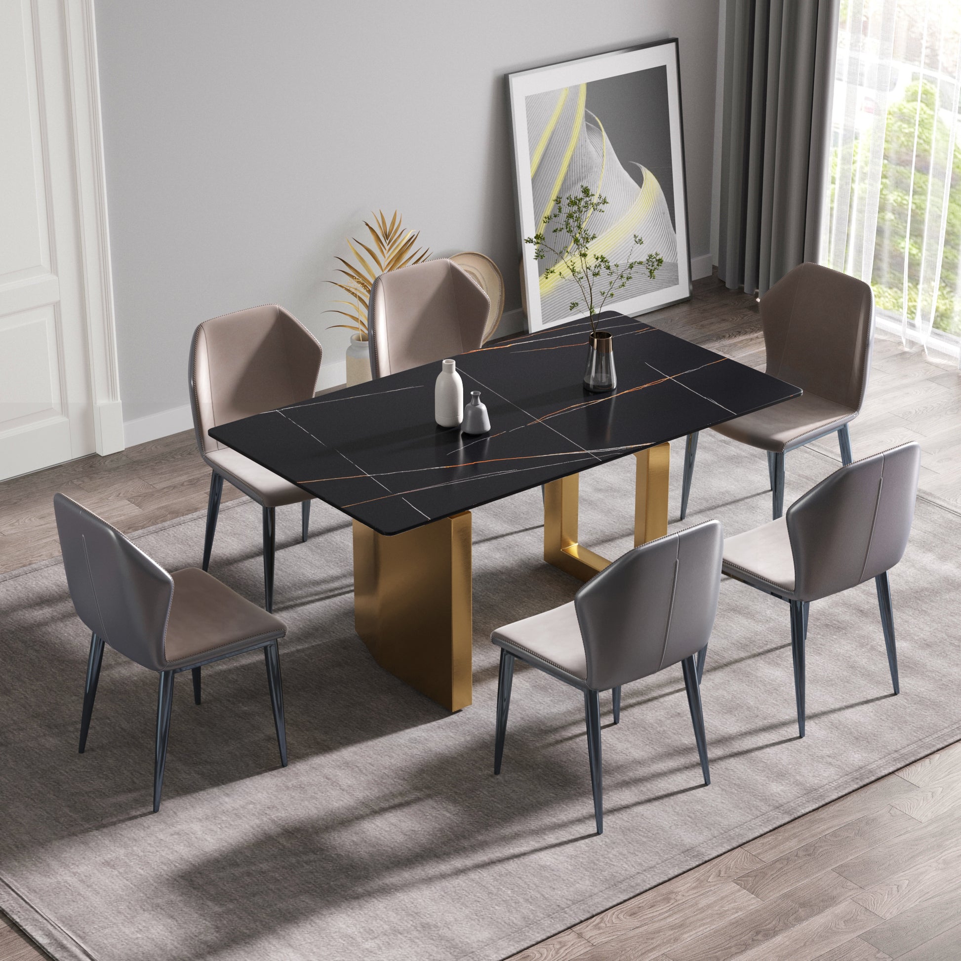 63"Modern Artificial Stone Black Straight Edge Golden Metal Leg Dining Table 6 People Black Metal Sintered Stone