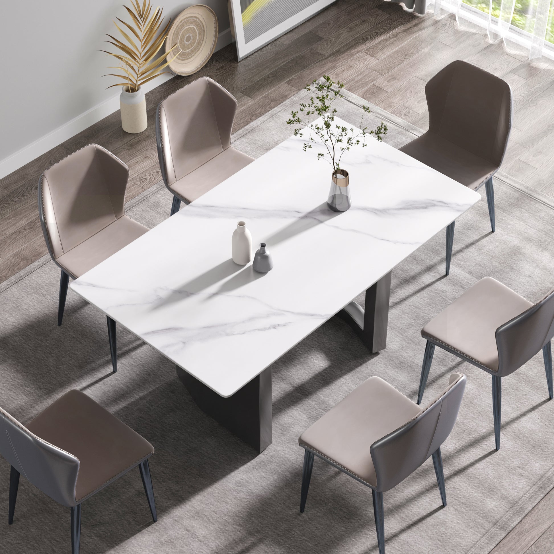 63"Modern Artificial Stone White Straight Edge Black Metal Leg Dining Table 6 People White Metal Sintered Stone