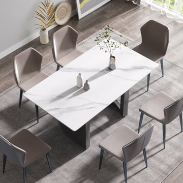 63"Modern Artificial Stone White Straight Edge Black Metal Leg Dining Table 6 People White Metal Sintered Stone