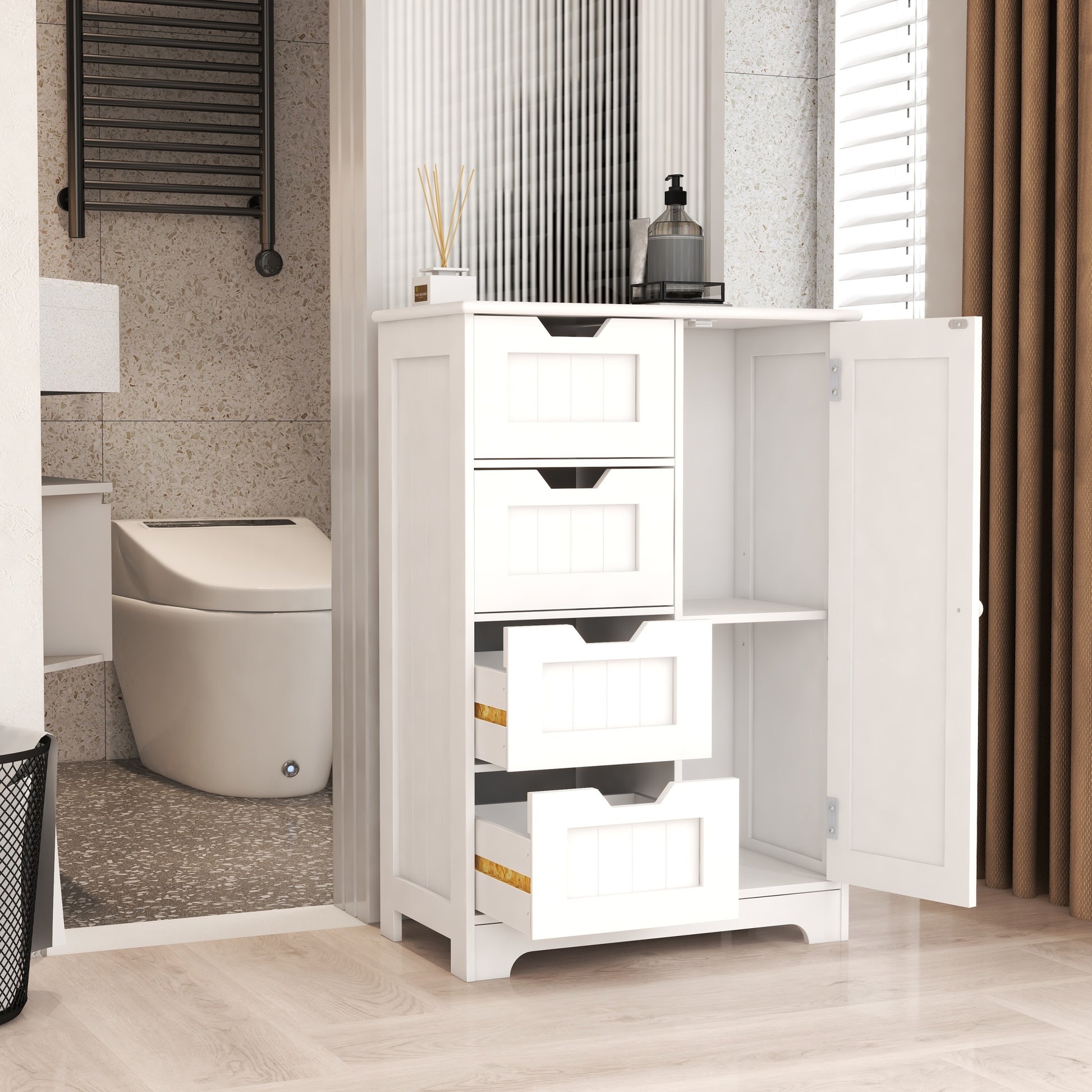 White Freestanding Floor Storage Cabinet With Adjustable Shelves, 4 Drawers And 1 Door White Mdf