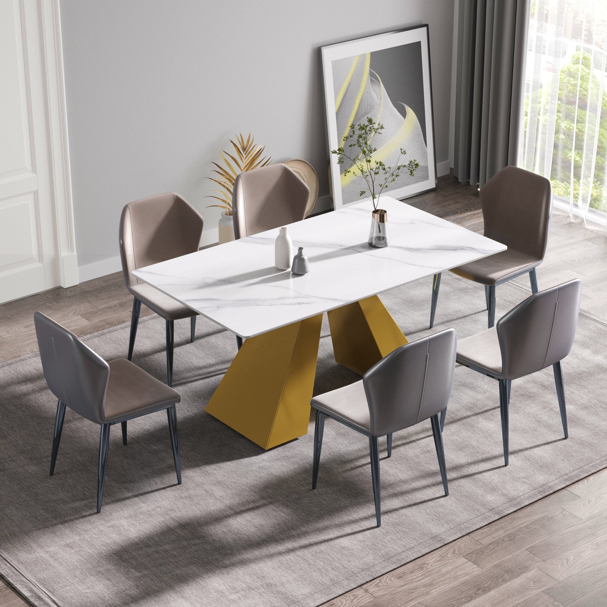 63"Modern Artificial Stone White Straight Edge Golden Metal Leg Dining Table 6 People White Metal Sintered Stone