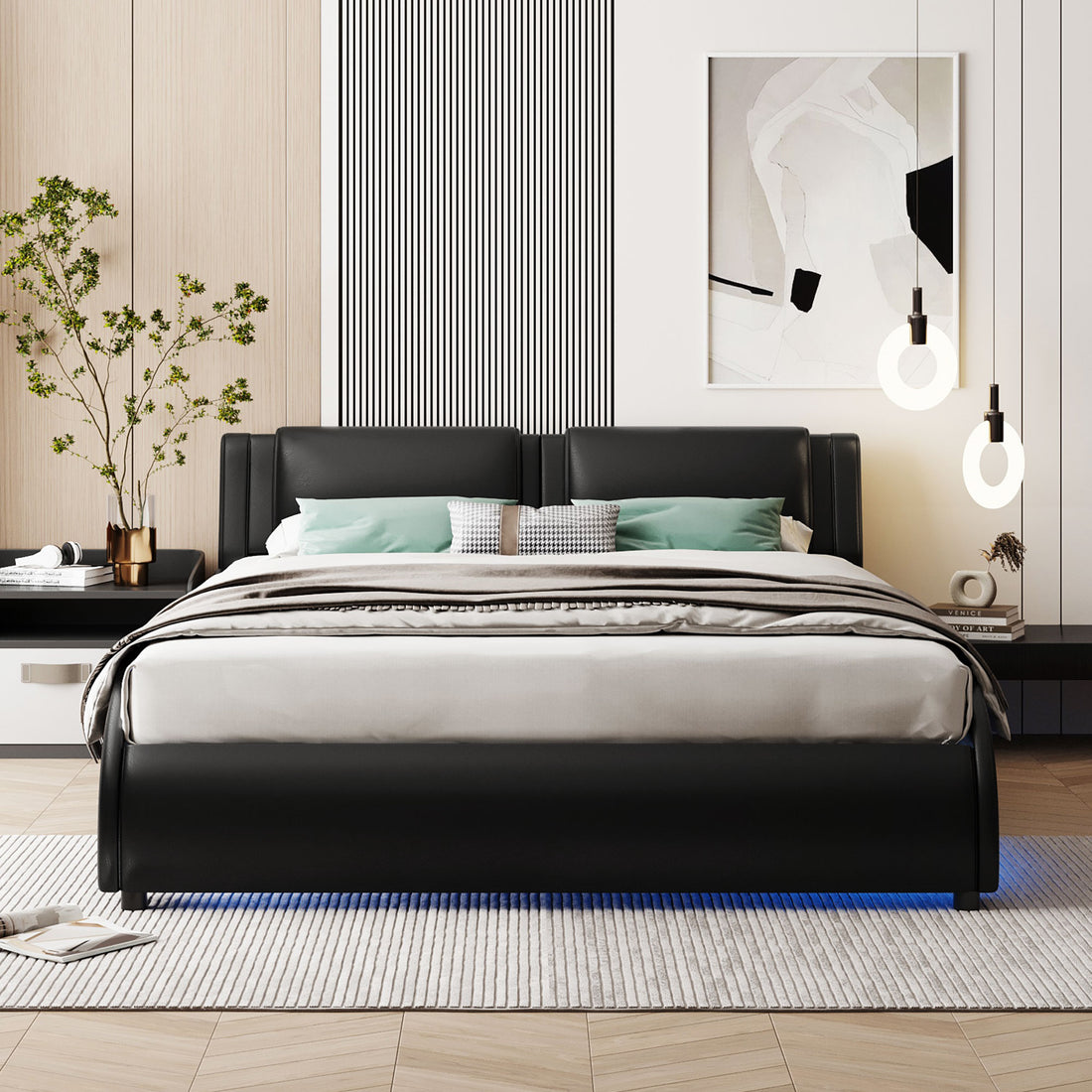 Full Size Upholstered Faux Leather Platform Bed With Led Light Bed Frame With Slatted Black Full Black Solid Wood