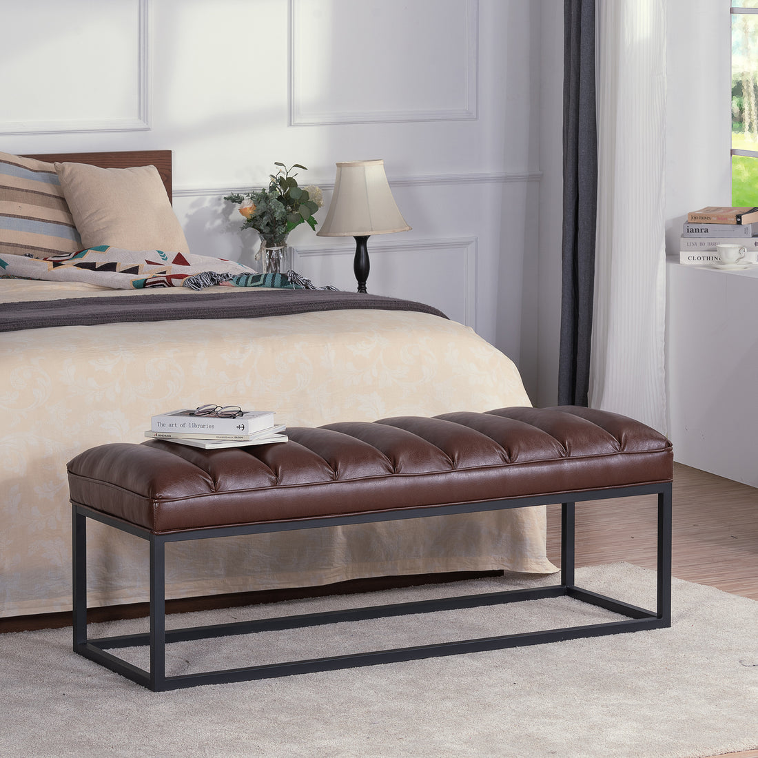 Metal Base Upholstered Bench For Bedroom For Entryway Dark Brown Pu