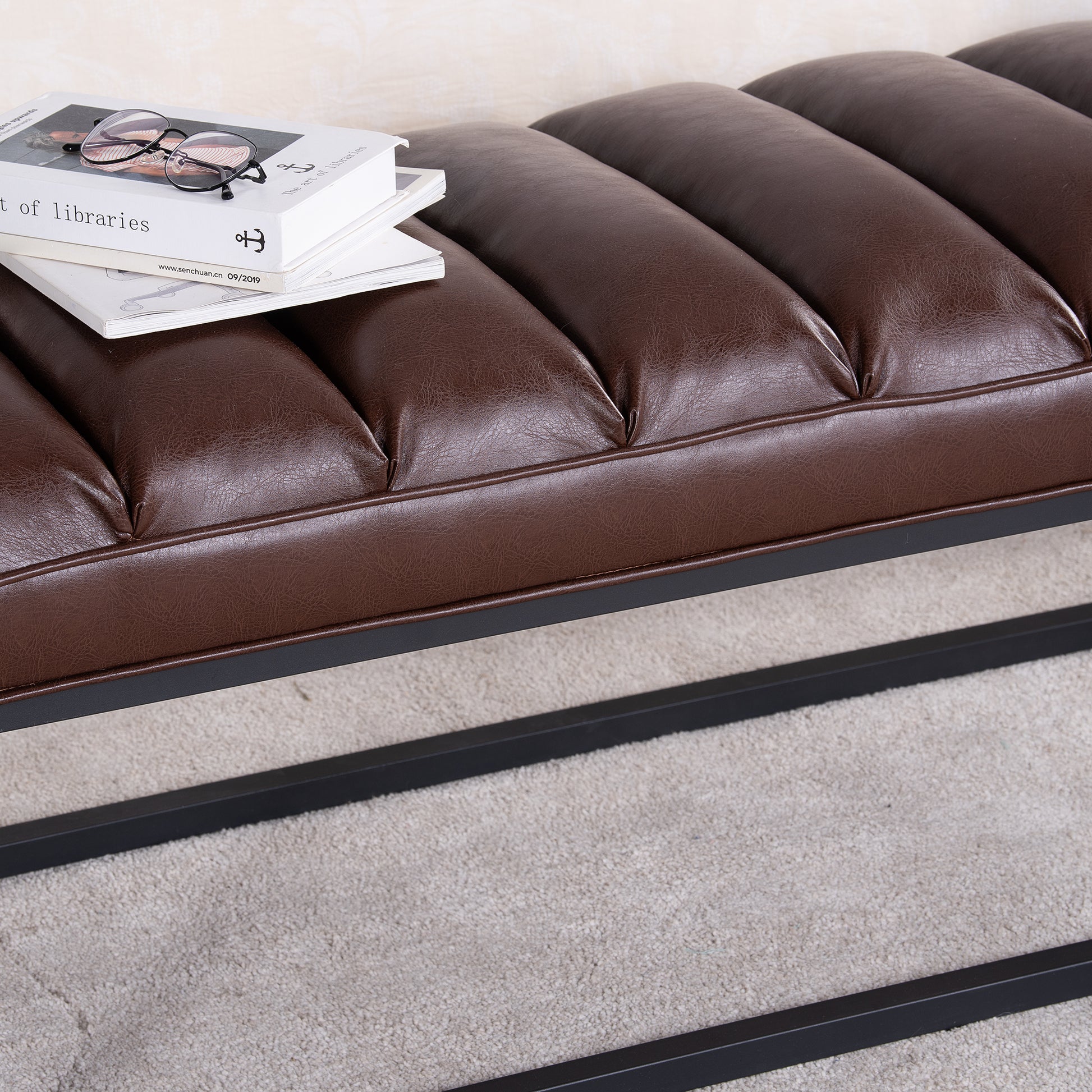 Metal Base Upholstered Bench For Bedroom For Entryway Dark Brown Pu