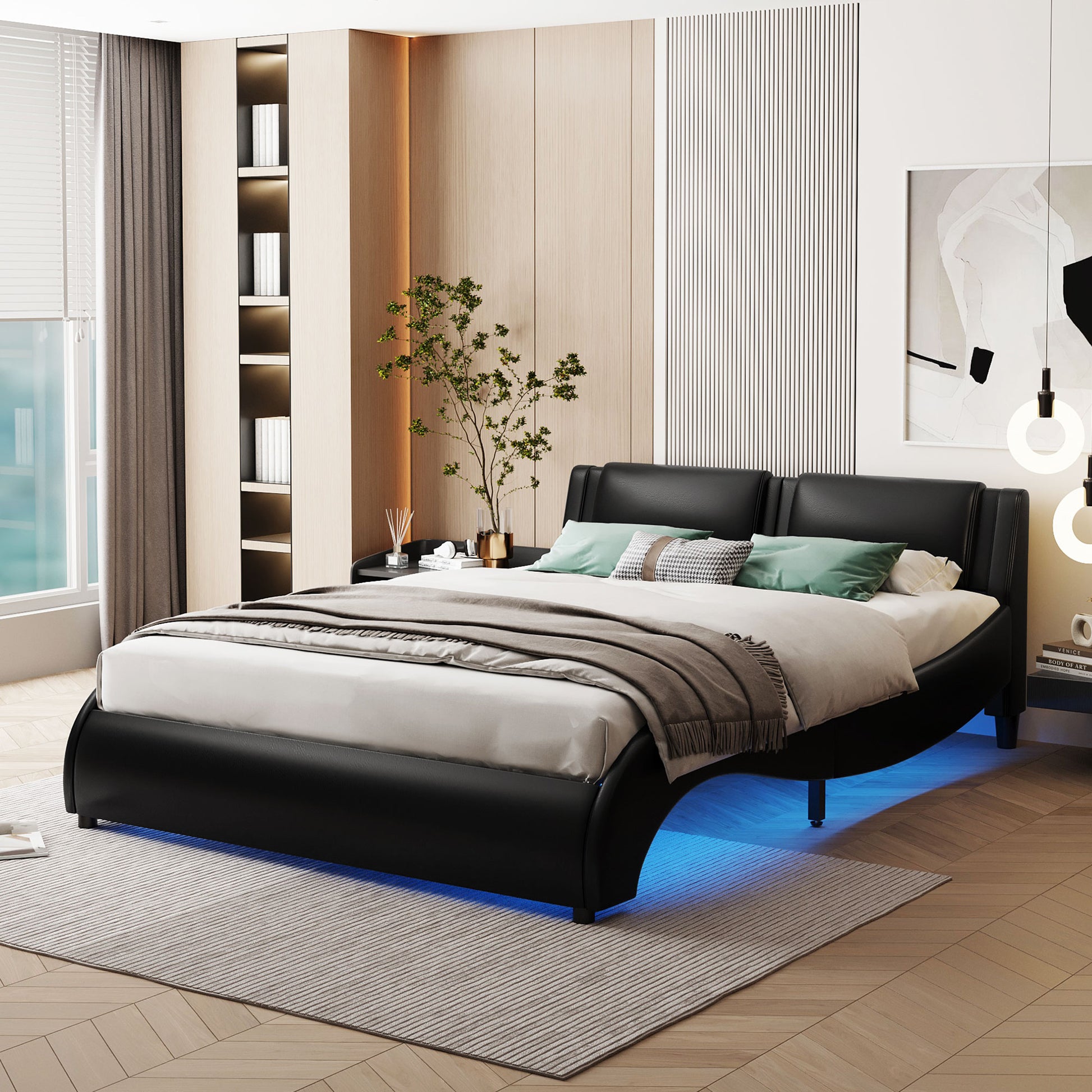 Full Size Upholstered Faux Leather Platform Bed With Led Light Bed Frame With Slatted Black Full Black Solid Wood