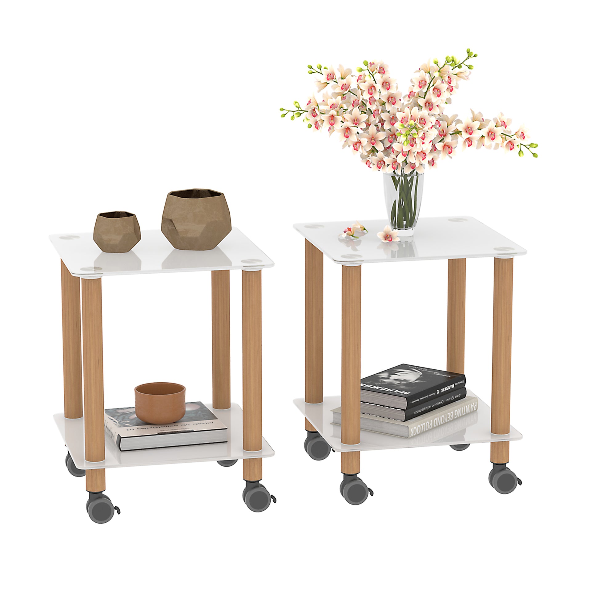 2 Piece White Oak Side Table2 Tier Space End Table ,Modern Night Stand, Sofa Table, Side Table With Storage Shelve White Glass