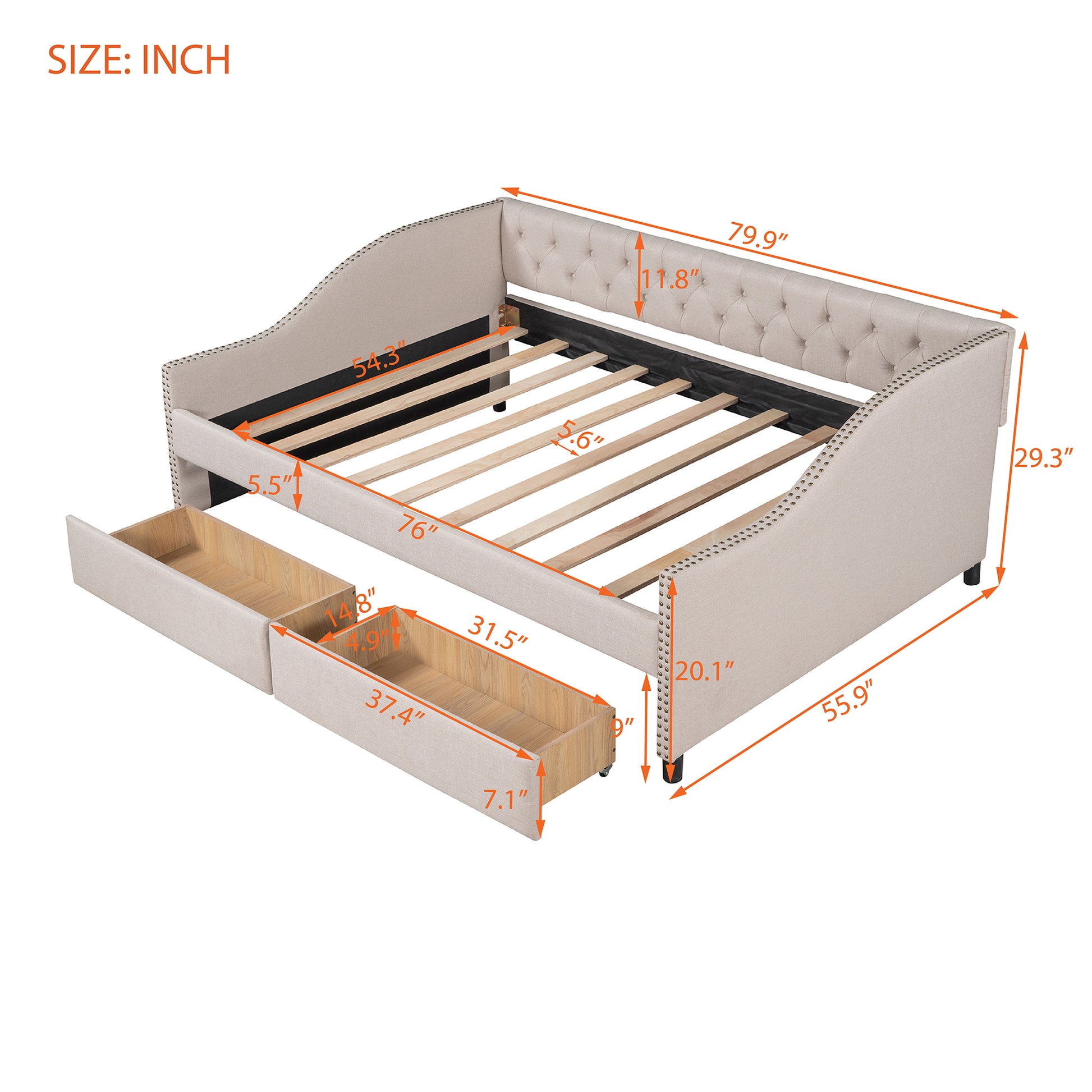 Upholstered Daybed With Two Drawers, Wood Slat Support, Beige, Full Size Old Sku :Lp001111Aaa Beige Solid Wood