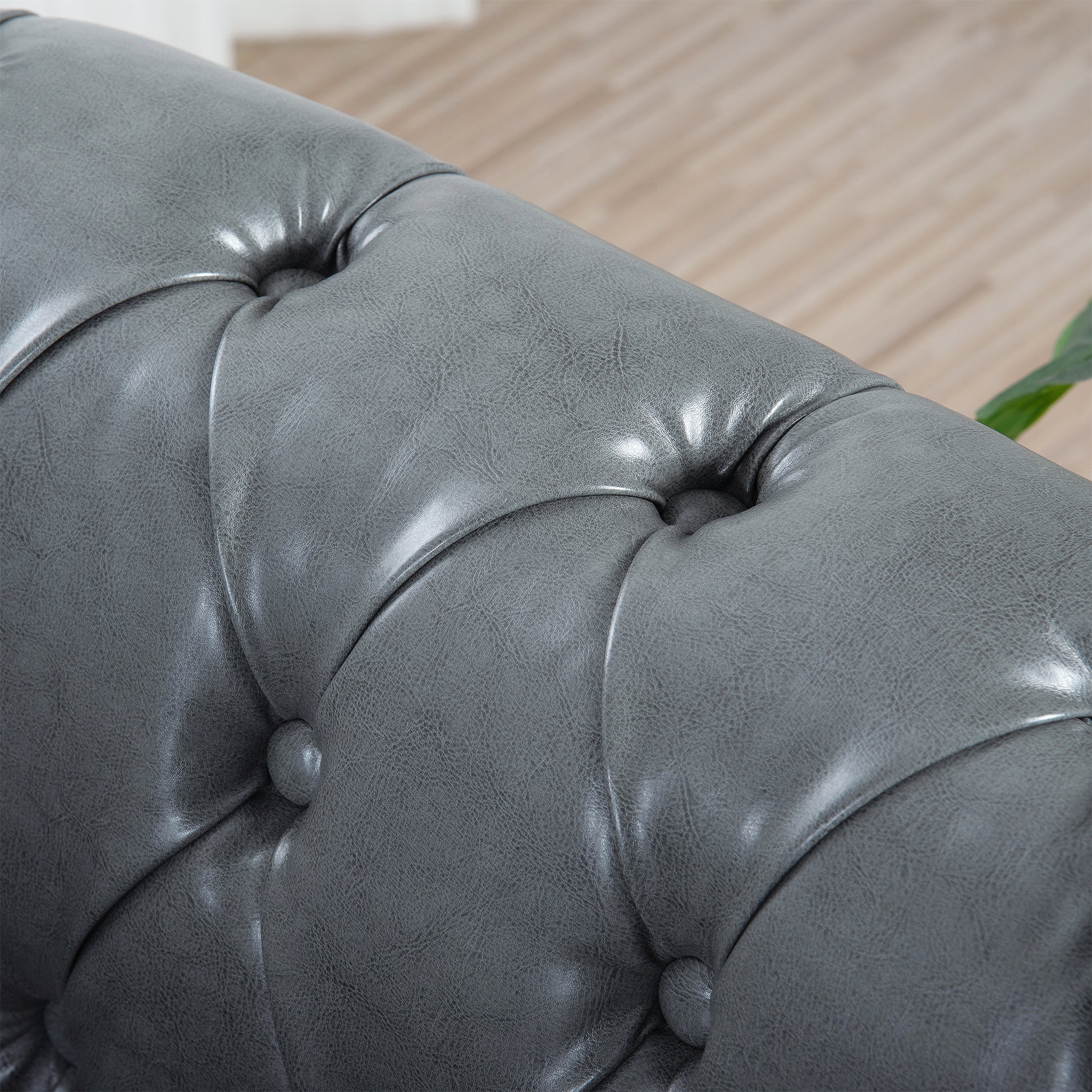 84.65" Rolled Arm Chesterfield 3 Seater Sofa. Grey Foam Pu