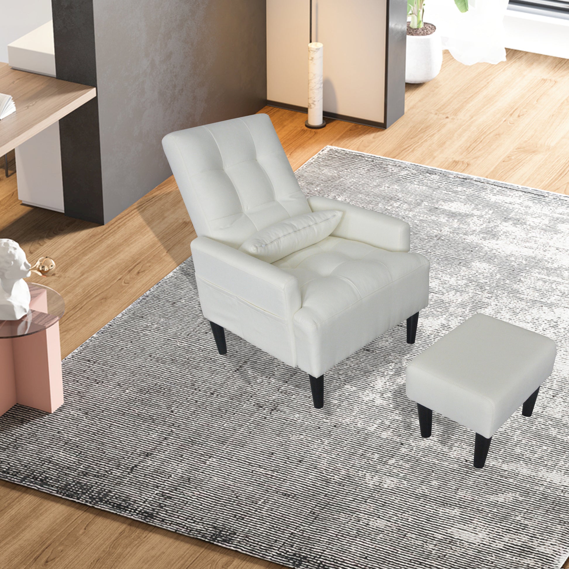 Redde Boo Brand Modern Design Living Room Cream White Recliner Soft Cozy Sofa Chair With Ottoman Cream White Foam Fabric
