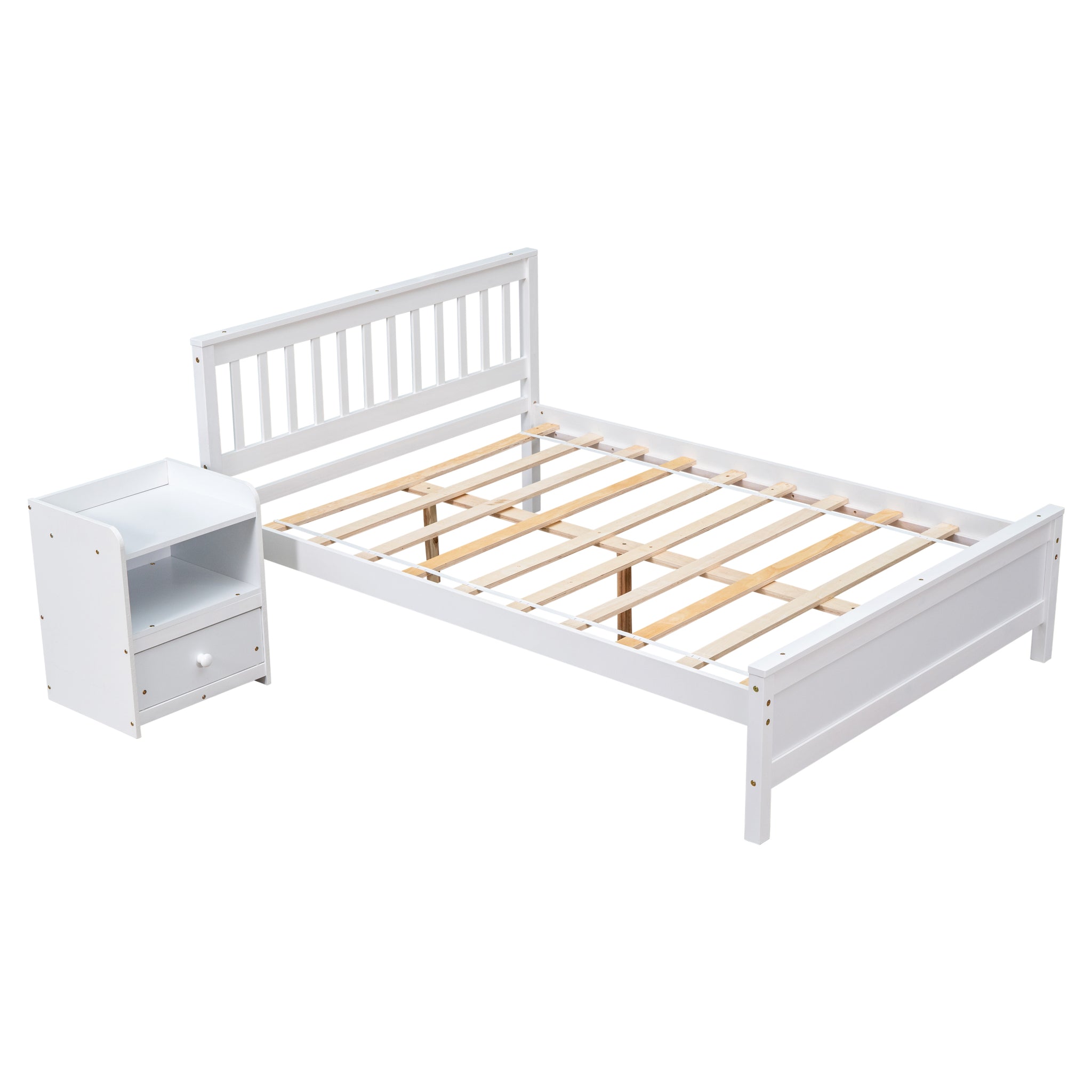 Full Bed With Headboard And Footboard For Kids, Teens, Adults,With A Nightstand ,White White Pine