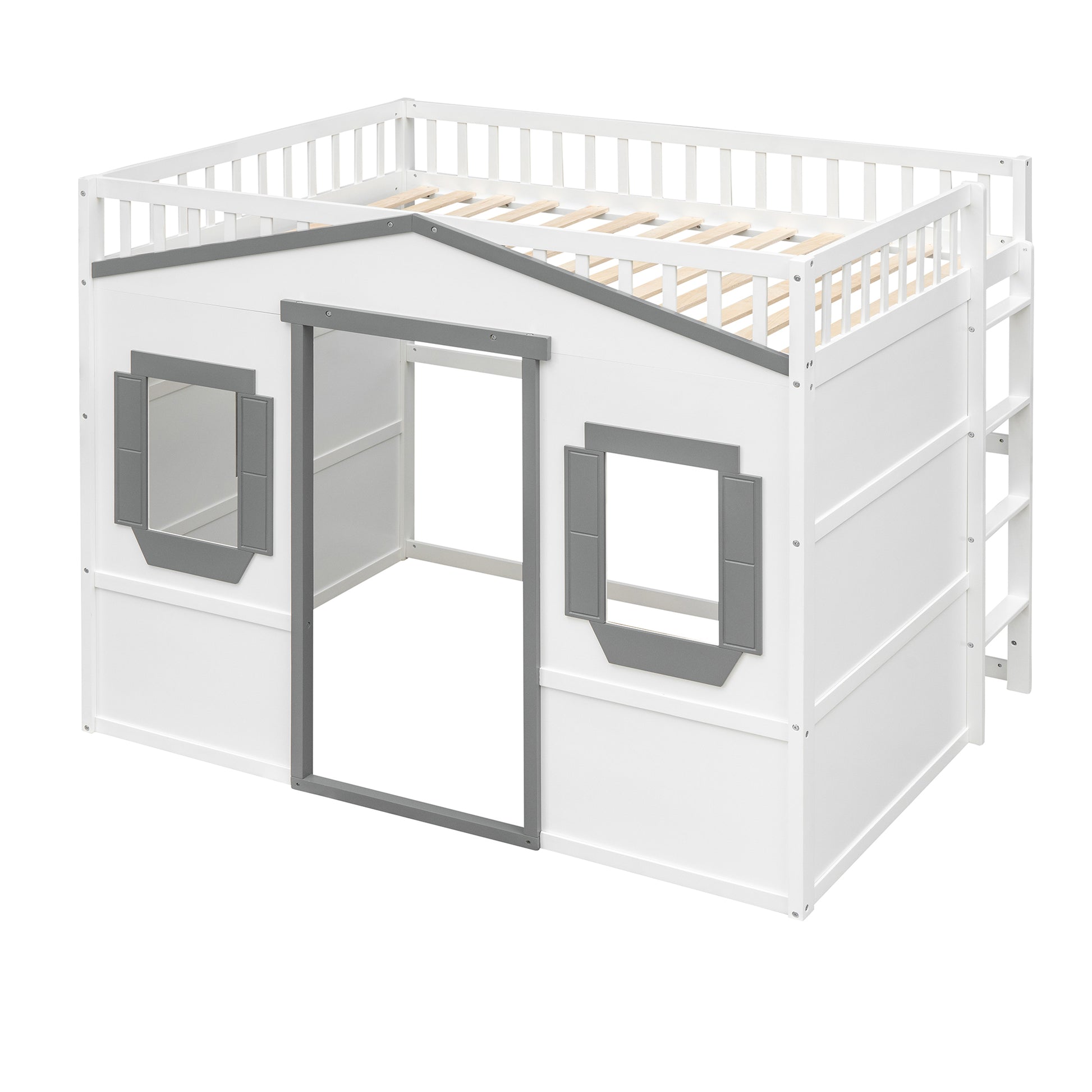 Full Size House Loft Bed With Ladder White Gray Frame White Gray Solid Wood