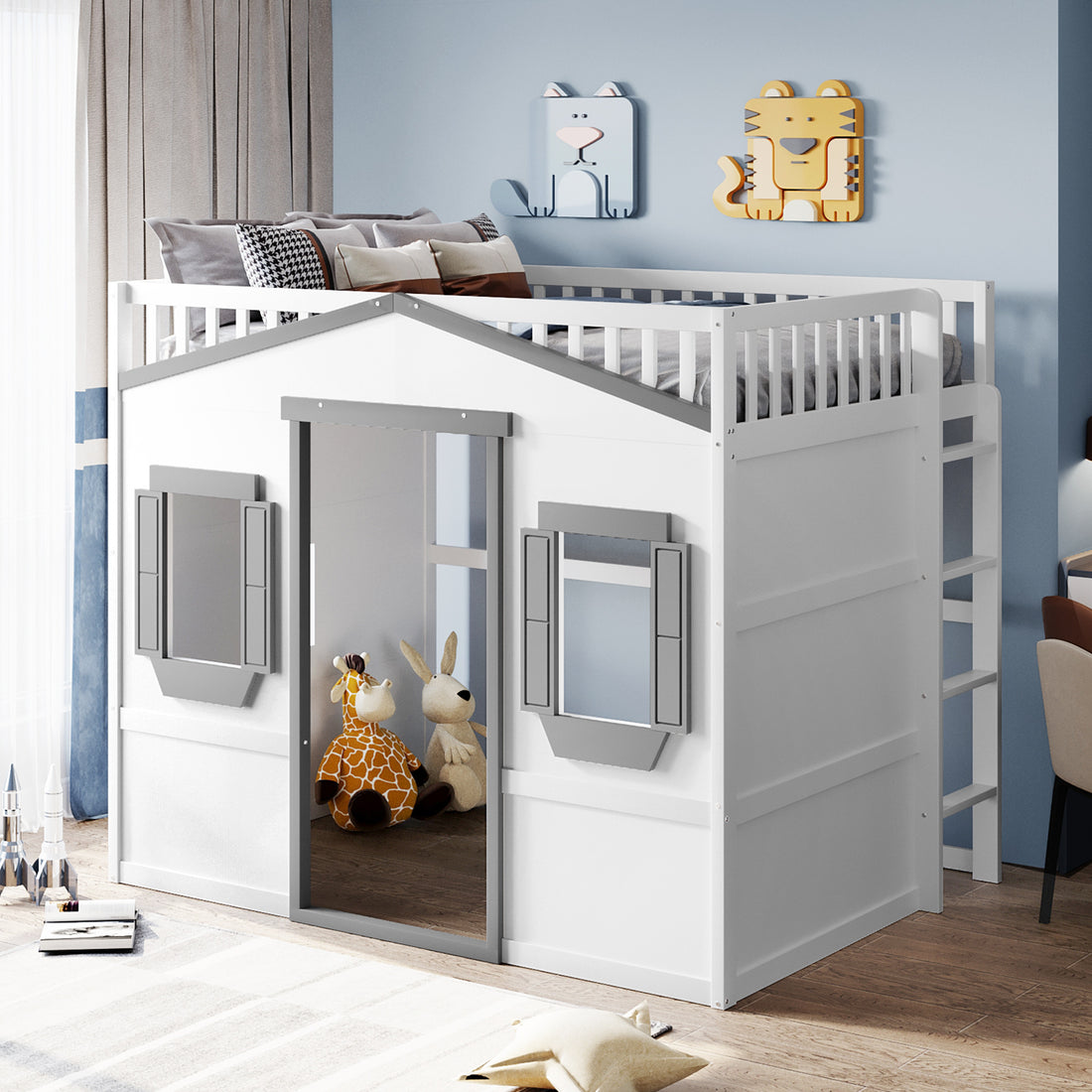 Full Size House Loft Bed With Ladder White Gray Frame White Gray Solid Wood