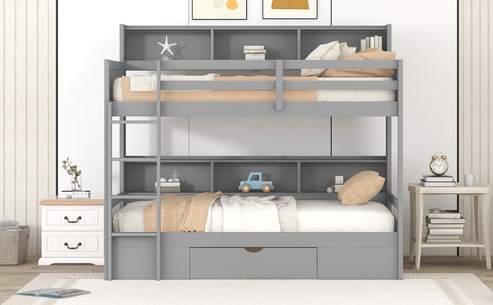 Twin Size Bunk Bed With Built In Shelves Beside Both Upper And Down Bed And Storage Drawer,Gray Gray Pine