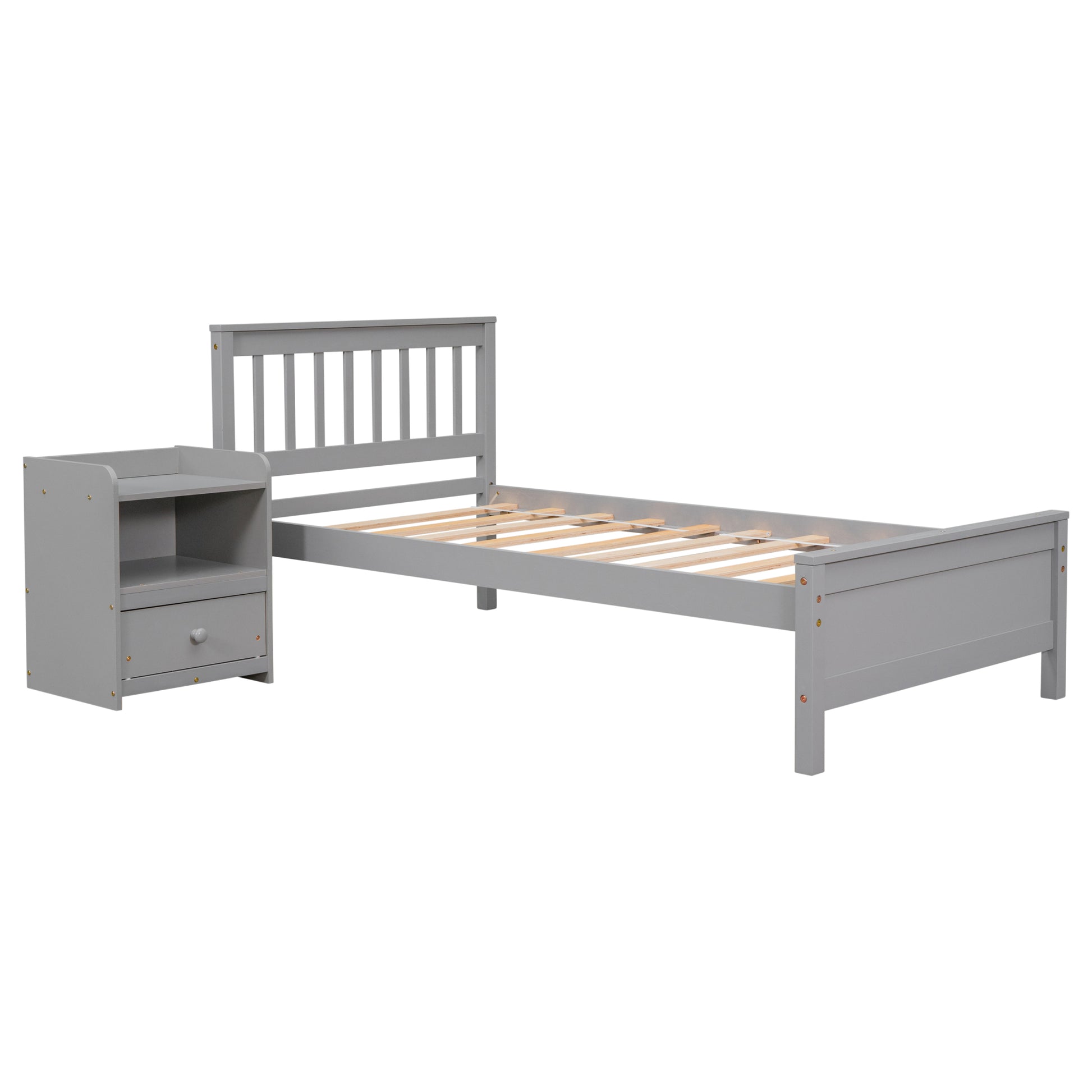 Twin Bed With Headboard And Footboard For Kids, Teens, Adults,With A Nightstand,Grey Twin Grey Pine