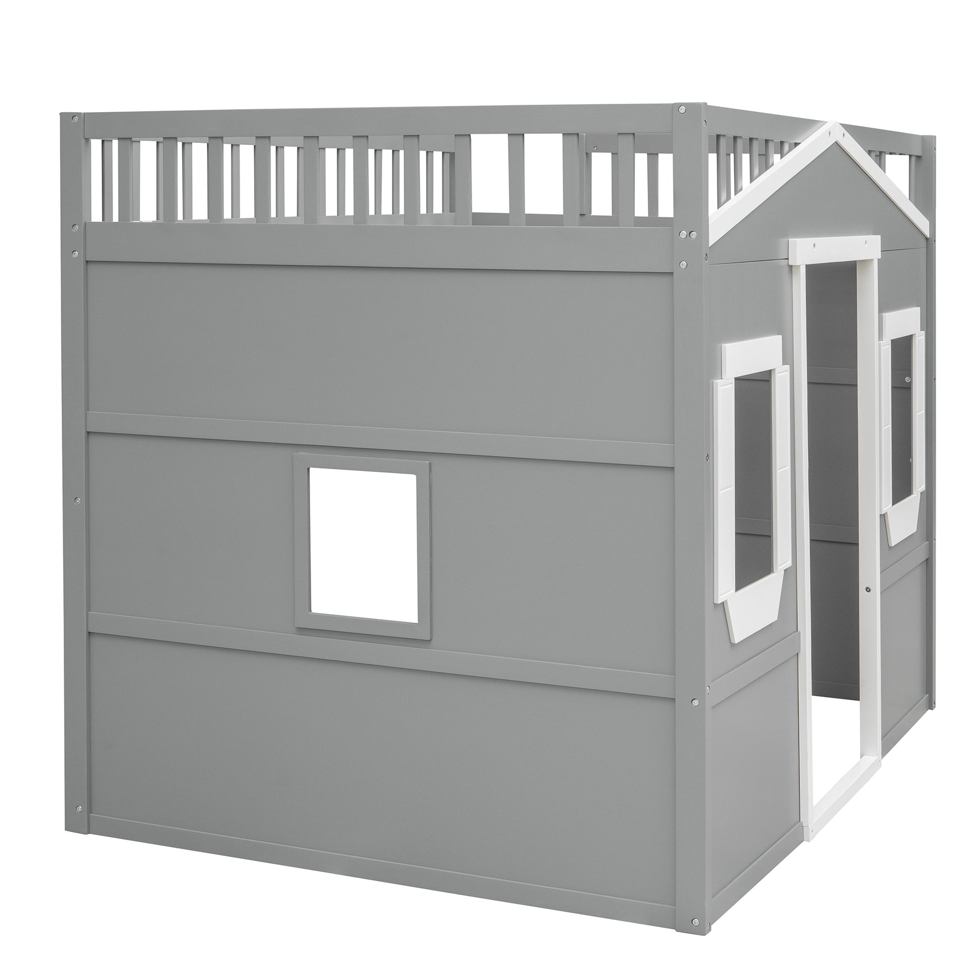 Full Size House Loft Bed With Ladder Gray White Frame White Gray Solid Wood