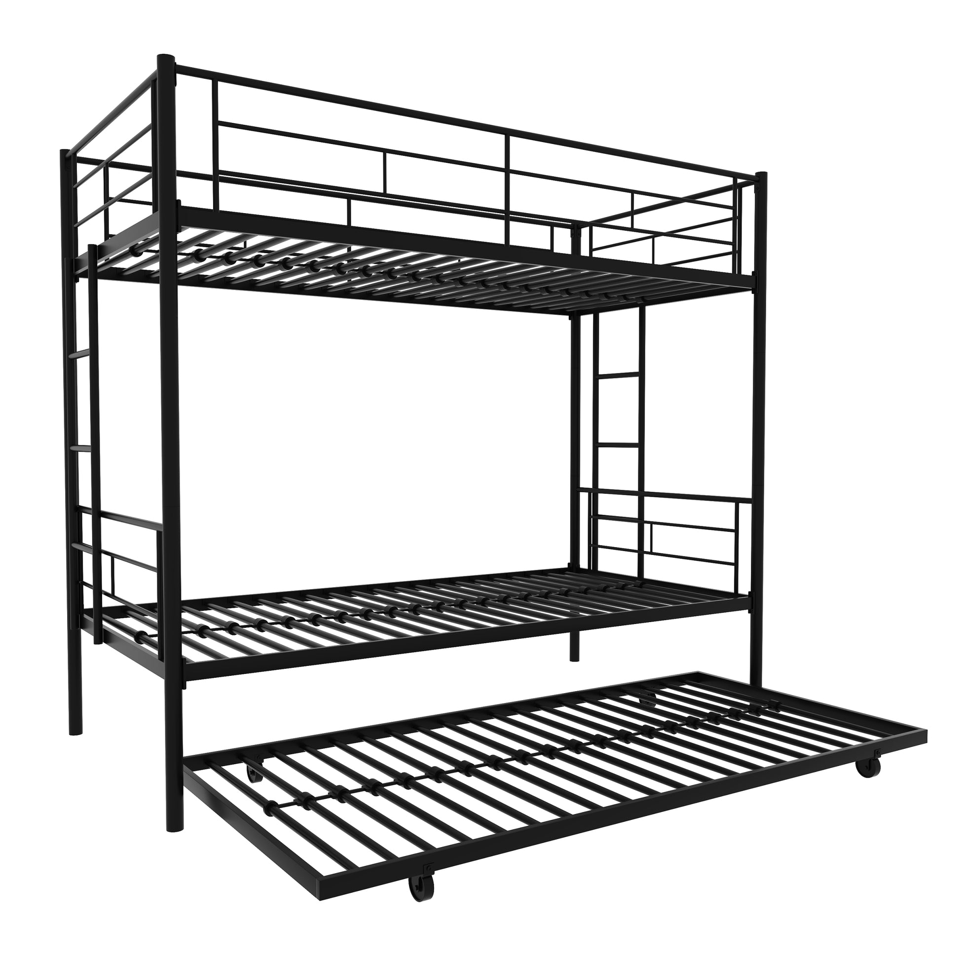 Twin Over Twin Metal Bunk Bed Frame With Trundle Upgrade Reinforcement Version Black Metal