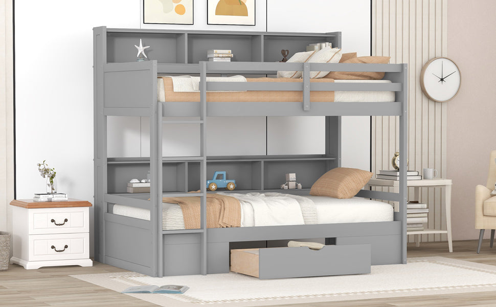 Twin Size Bunk Bed With Built In Shelves Beside Both Upper And Down Bed And Storage Drawer,Gray Gray Pine