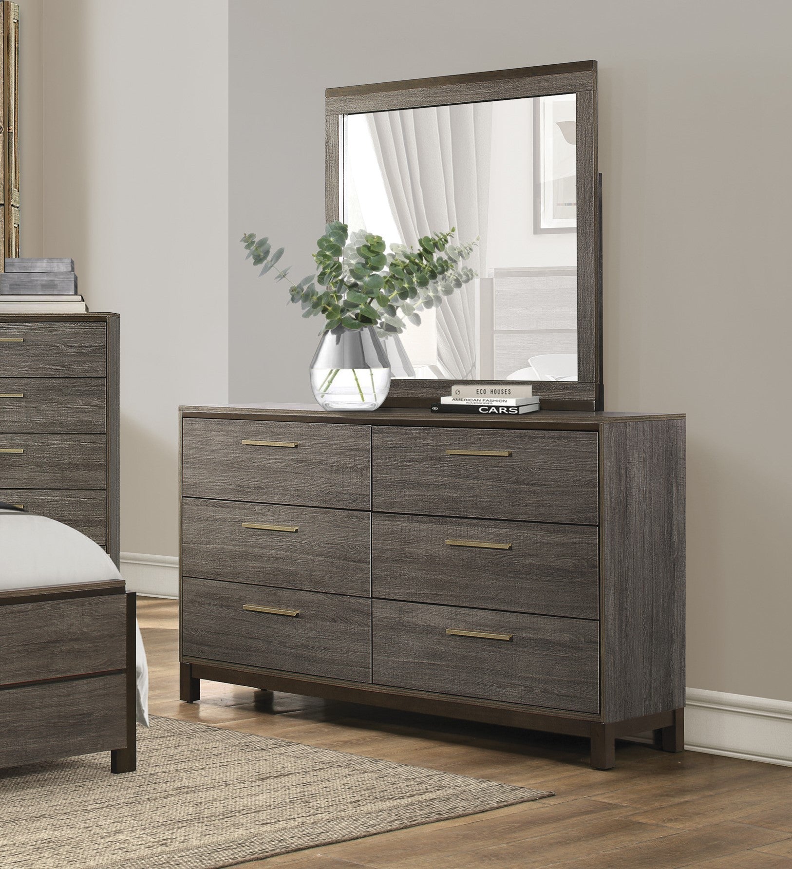 Contemporary Styling 1Pc Dresser Of 6X Drawers With Antique Bar Pulls Two Tone Finish Wooden Bedroom Furniture Brown Mix 5 Drawers & Above Bedroom Contemporary Wood