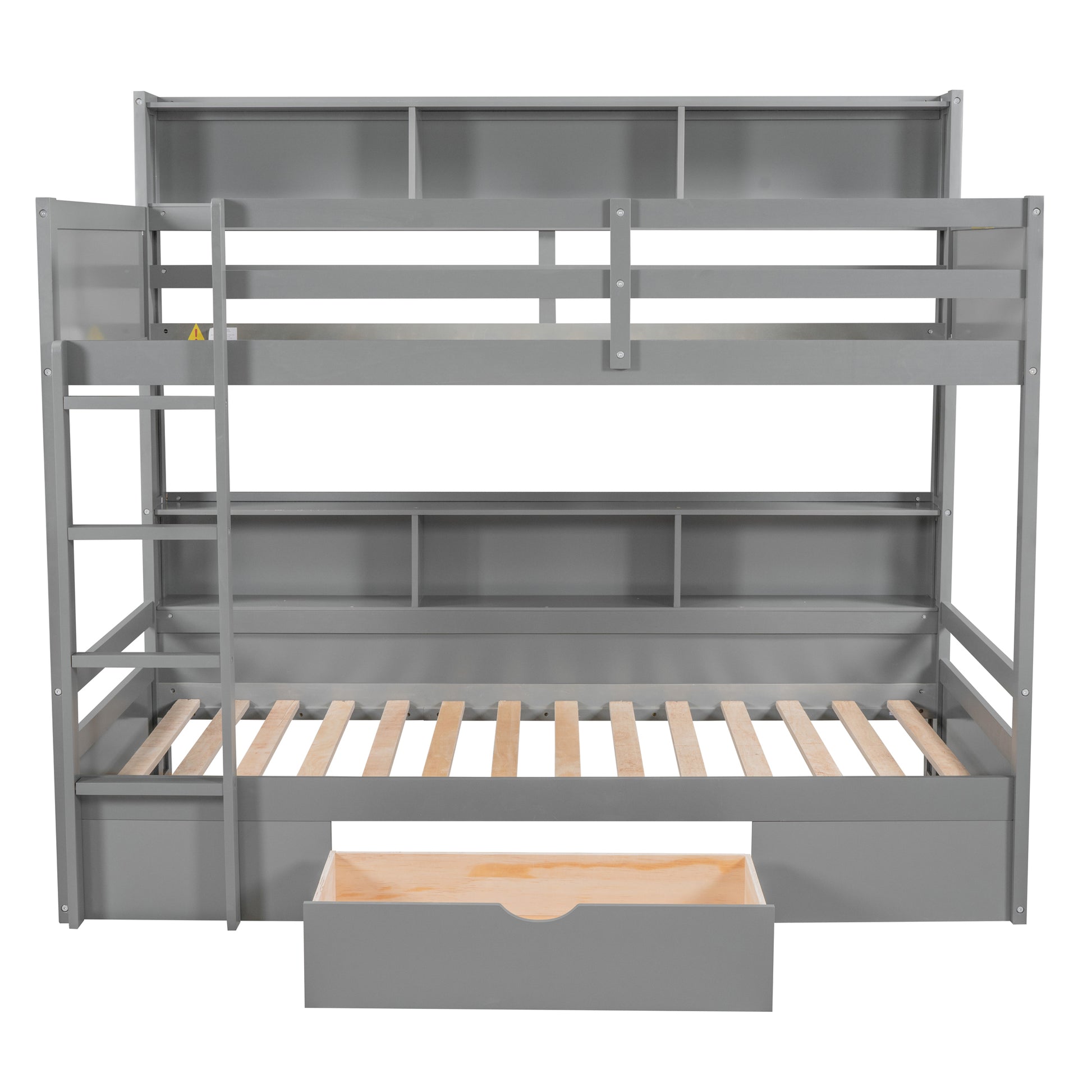 Twin Size Bunk Bed With Built In Shelves Beside Both Upper And Down Bed And Storage Drawer,Gray Gray Pine