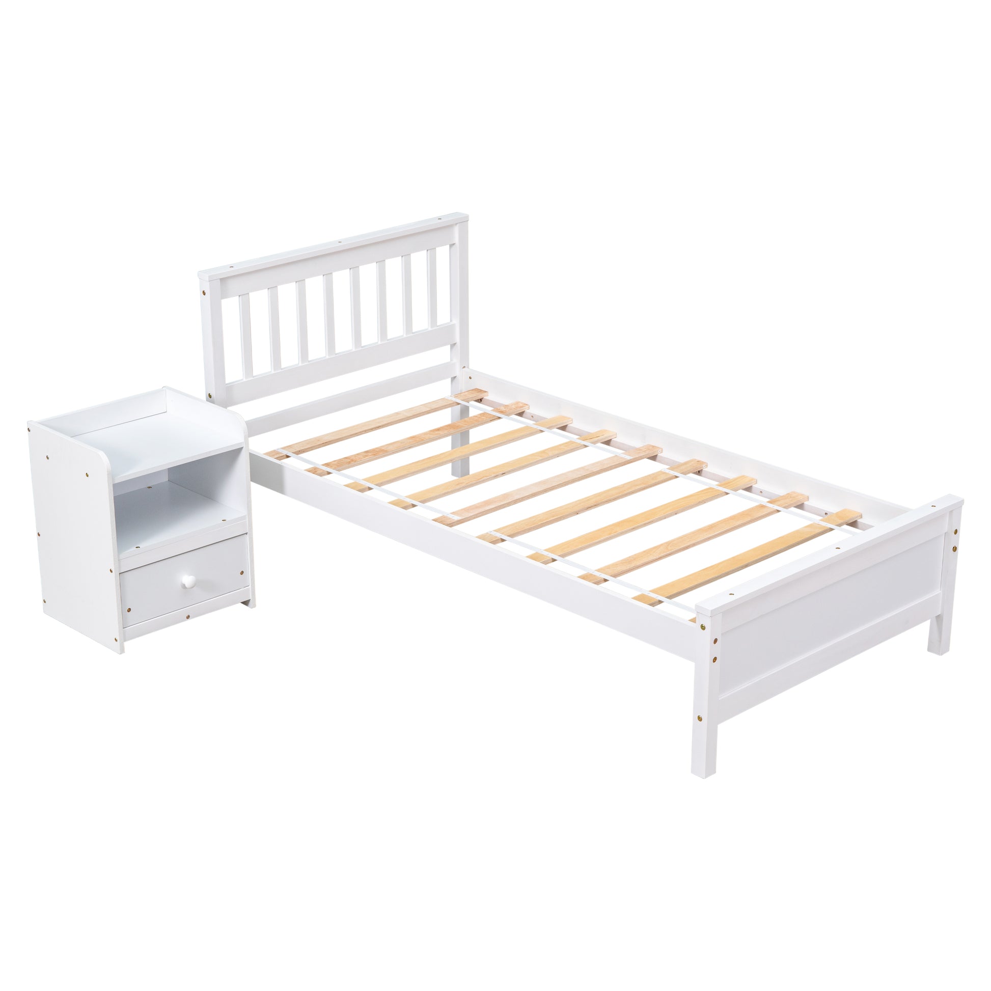 Twin Bed With Headboard And Footboard For Kids, Teens, Adults,With A Nightstand,Wite White Pine