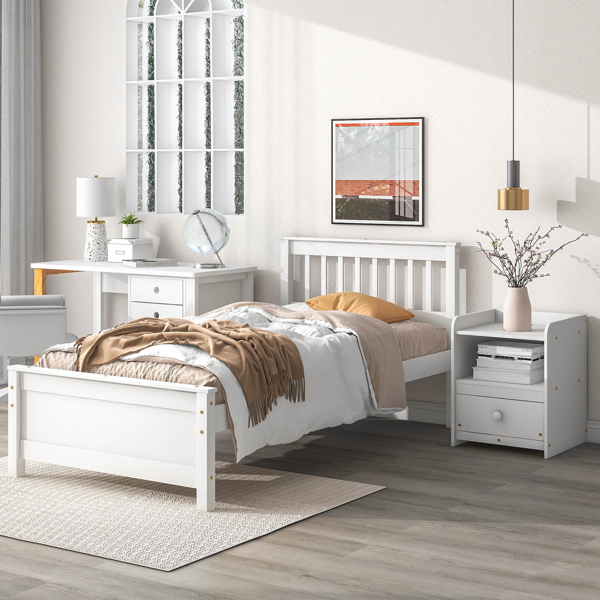 Twin Bed With Headboard And Footboard For Kids, Teens, Adults,With A Nightstand,Wite White Pine