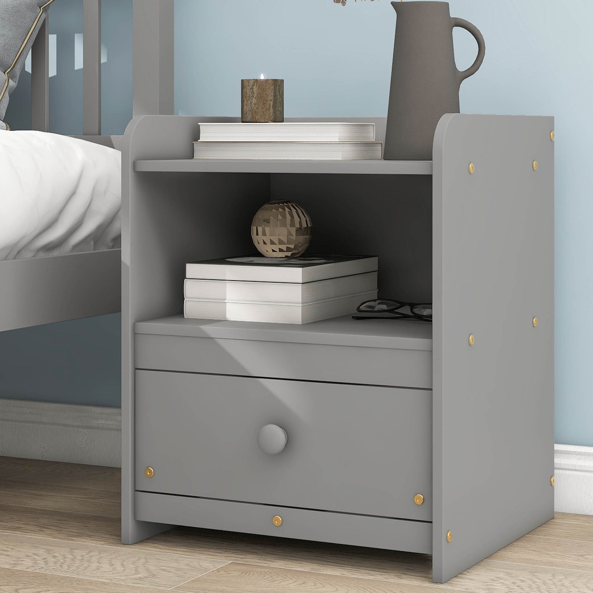 Full Bed With Headboard And Footboard For Kids, Teens, Adults,With A Nightstand,Grey Full Grey Pine