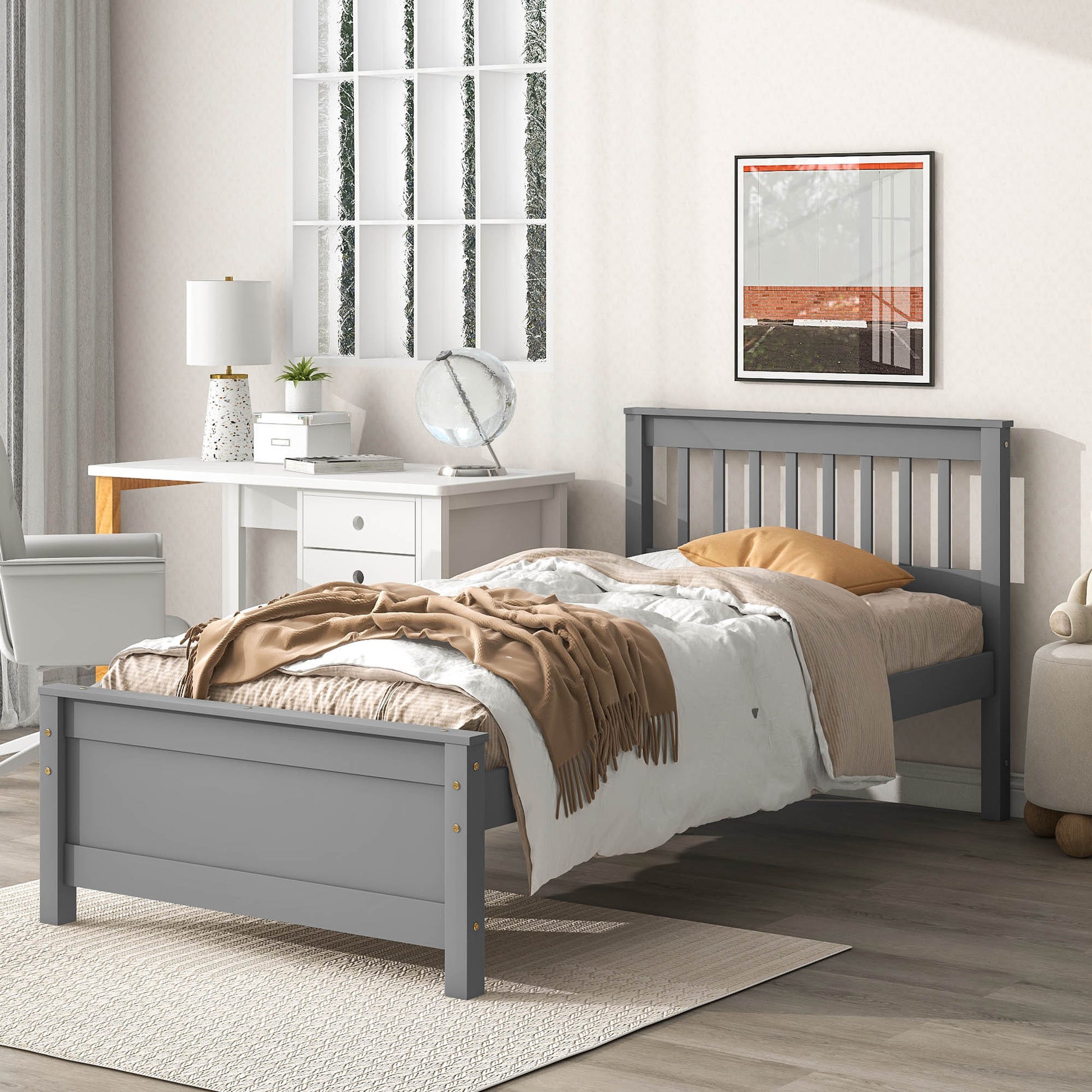 Twin Bed With Headboard And Footboard For Kids, Teens, Adults,With A Nightstand,Grey Twin Grey Pine