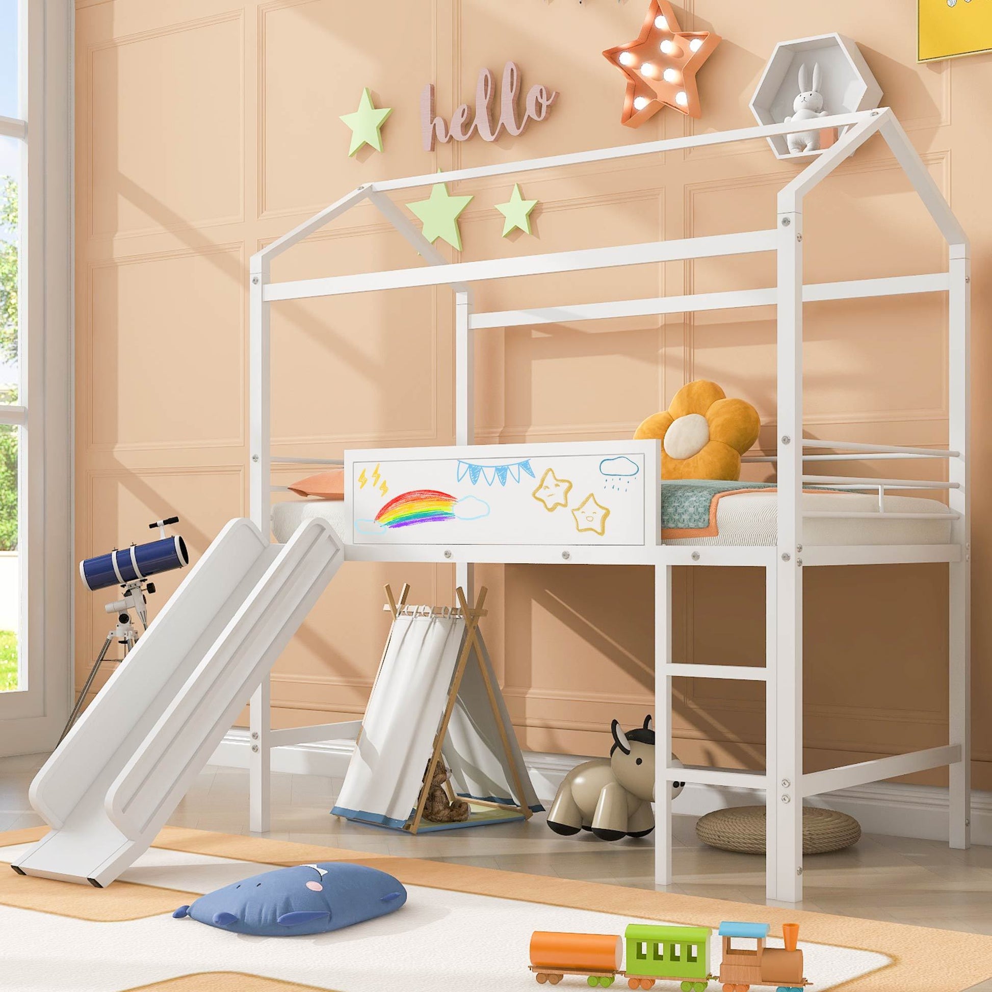 Metal House Bed With Slide, Twin Size Metal Loft Bed With Two Sided Writable Wooden Board White White Metal