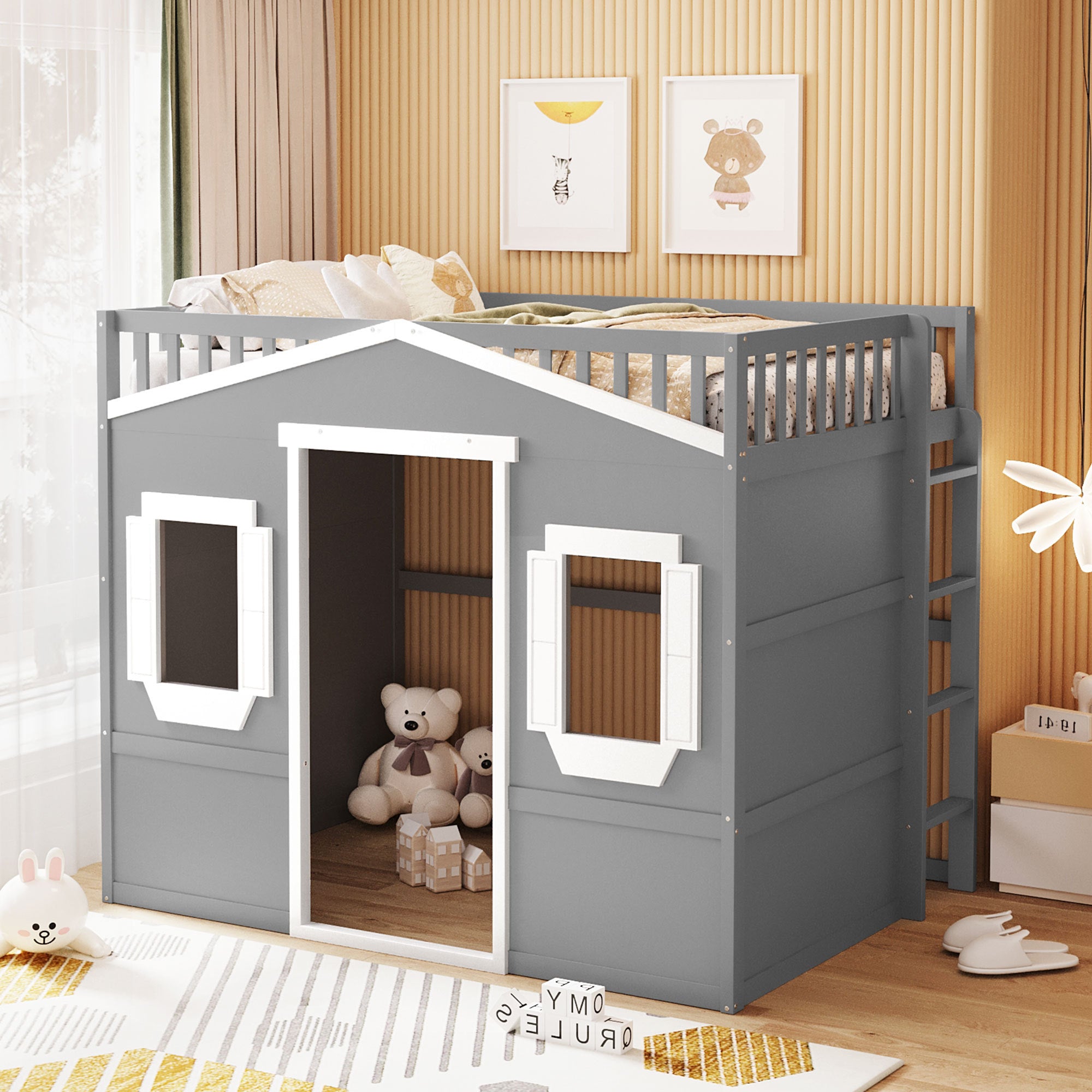 Full Size House Loft Bed With Ladder Gray White Frame White Gray Solid Wood