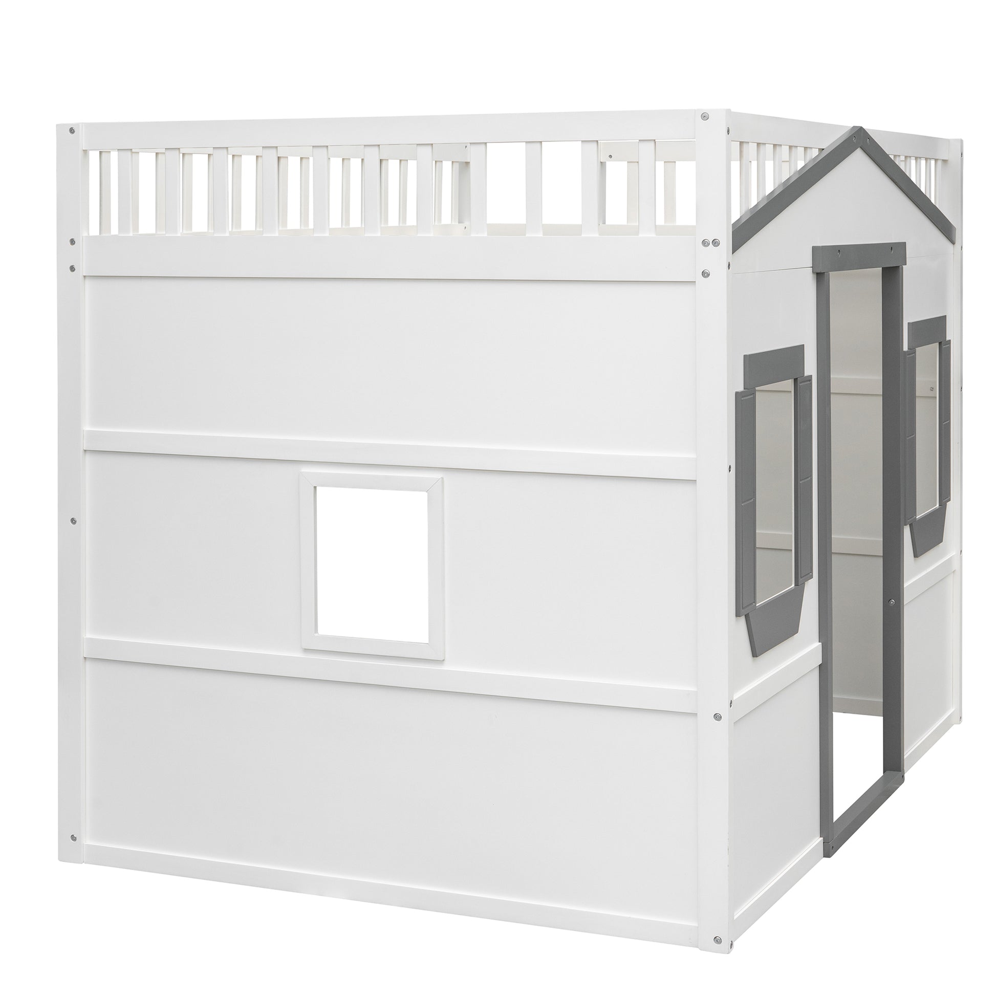 Full Size House Loft Bed With Ladder White Gray Frame White Gray Solid Wood