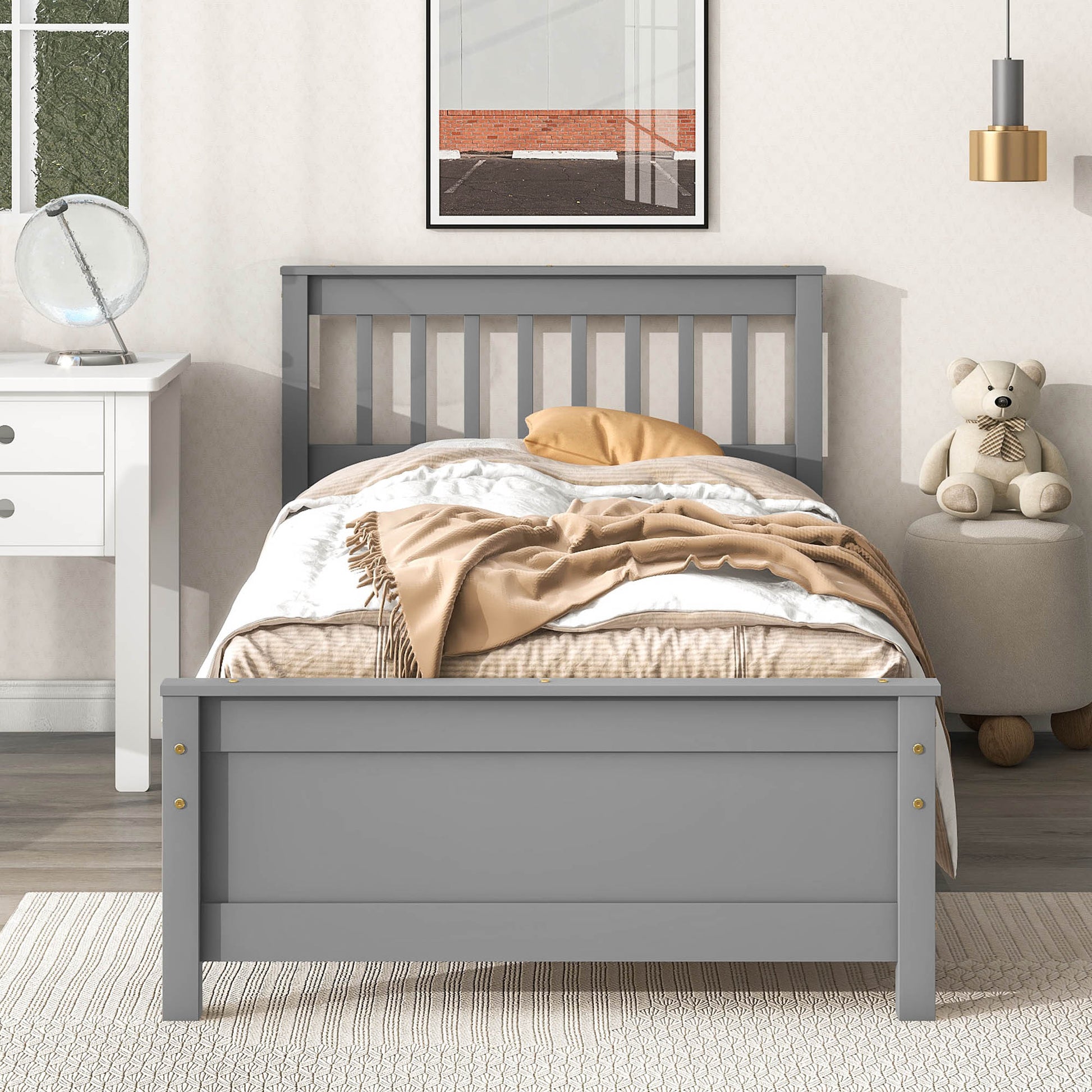 Twin Bed With Headboard And Footboard For Kids, Teens, Adults,With A Nightstand,Grey Twin Grey Pine