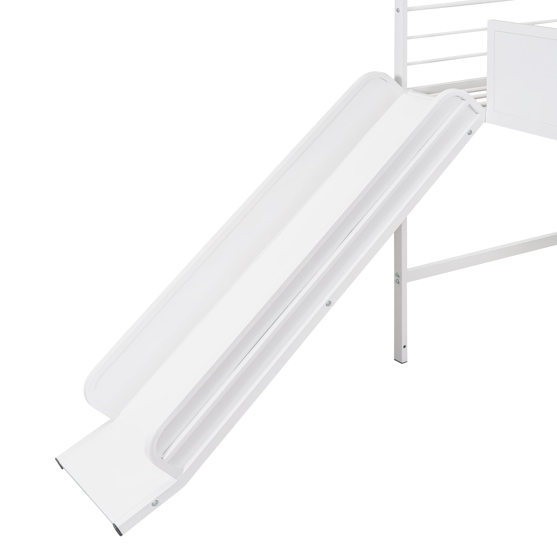 Metal House Bed With Slide, Twin Size Metal Loft Bed With Two Sided Writable Wooden Board White White Metal